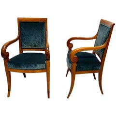 Pair of Neoclassical Armchairs, Walnut Solid, Green Velvet, France, circa 1830