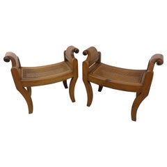 Pair of Neoclassical Benches Ottomans with Violin Scroll Arms & Caned Seats