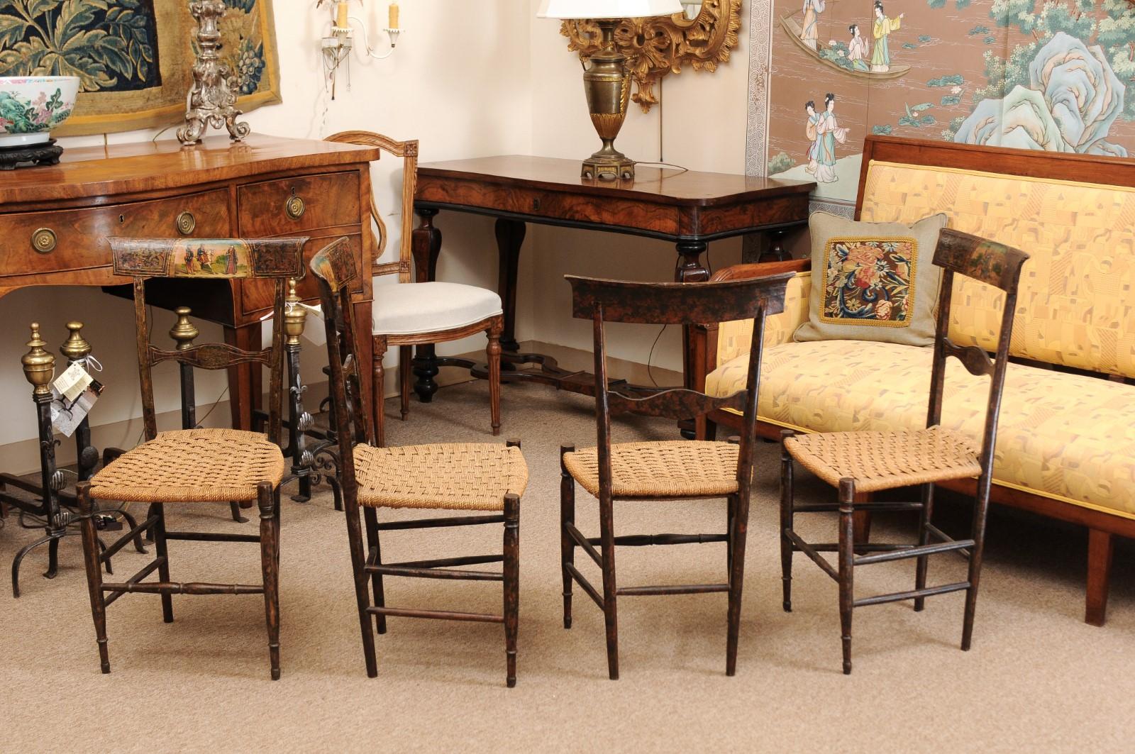 Pair of Neoclassical Black Painted Side Chairs with Woven Seats, Italy ca. 1790 For Sale 3