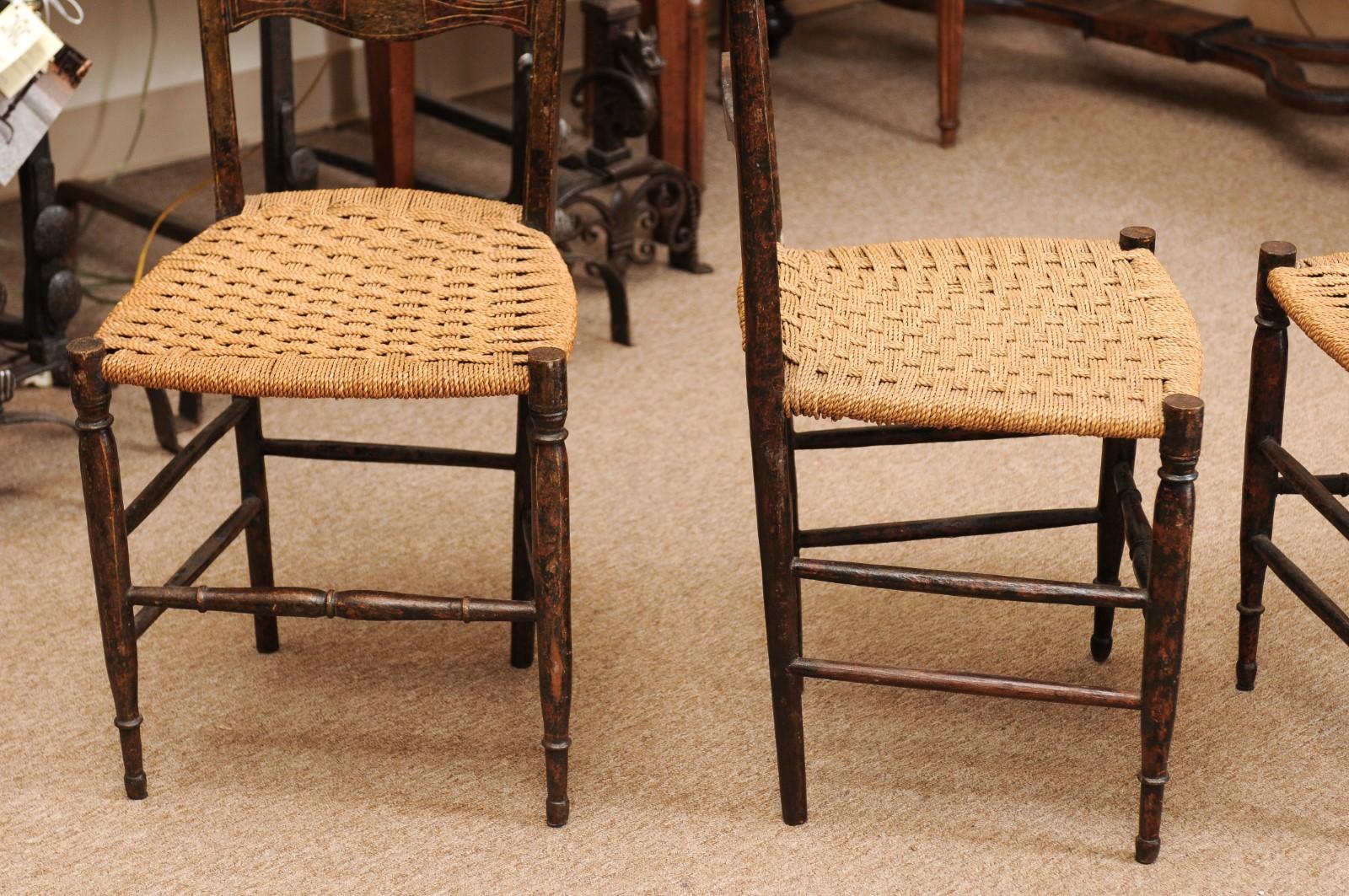 Pair of Neoclassical Black Painted Side Chairs with Woven Seats, Italy ca. 1790 For Sale 4