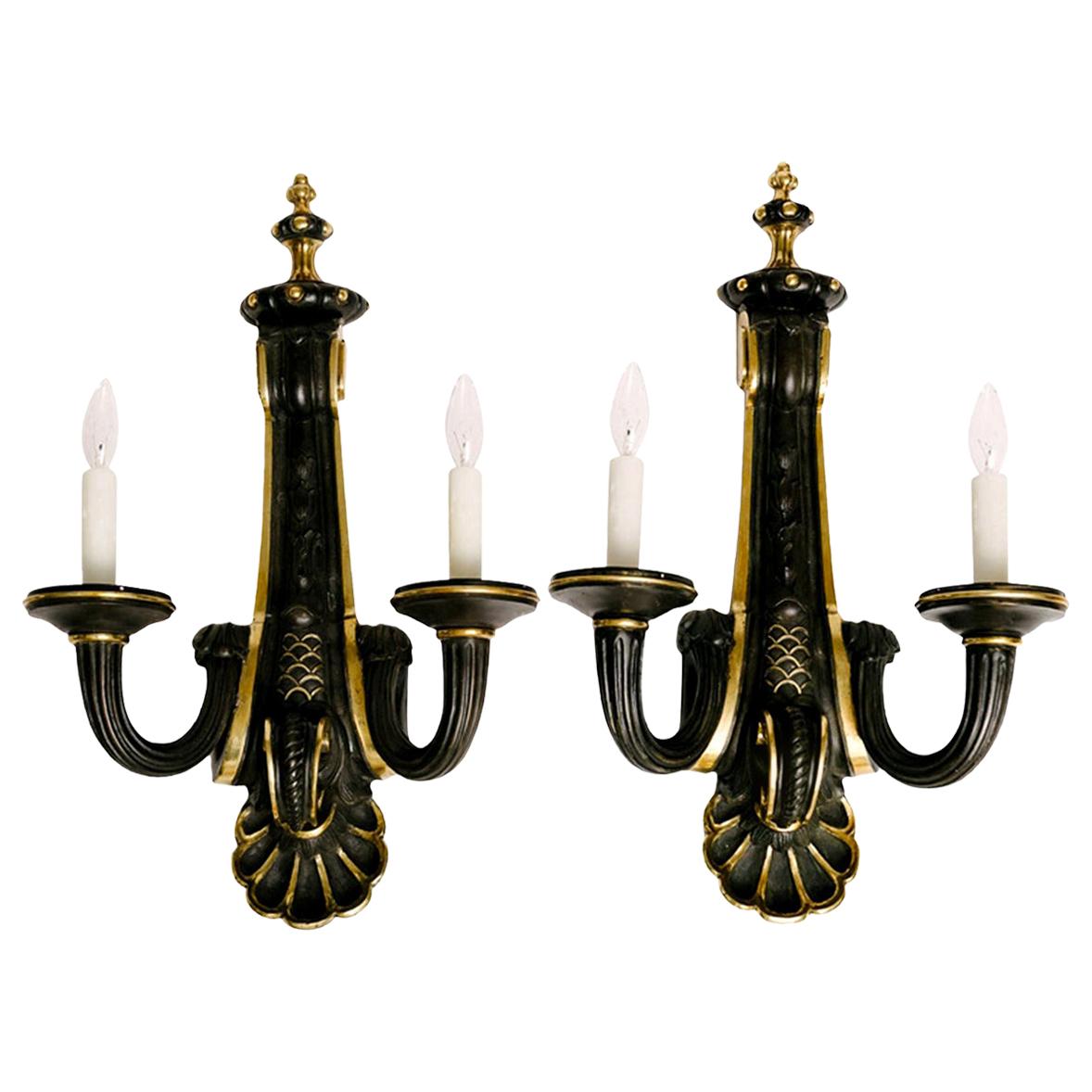 Pair of Neoclassical Black Patinated Bronze Sconces For Sale