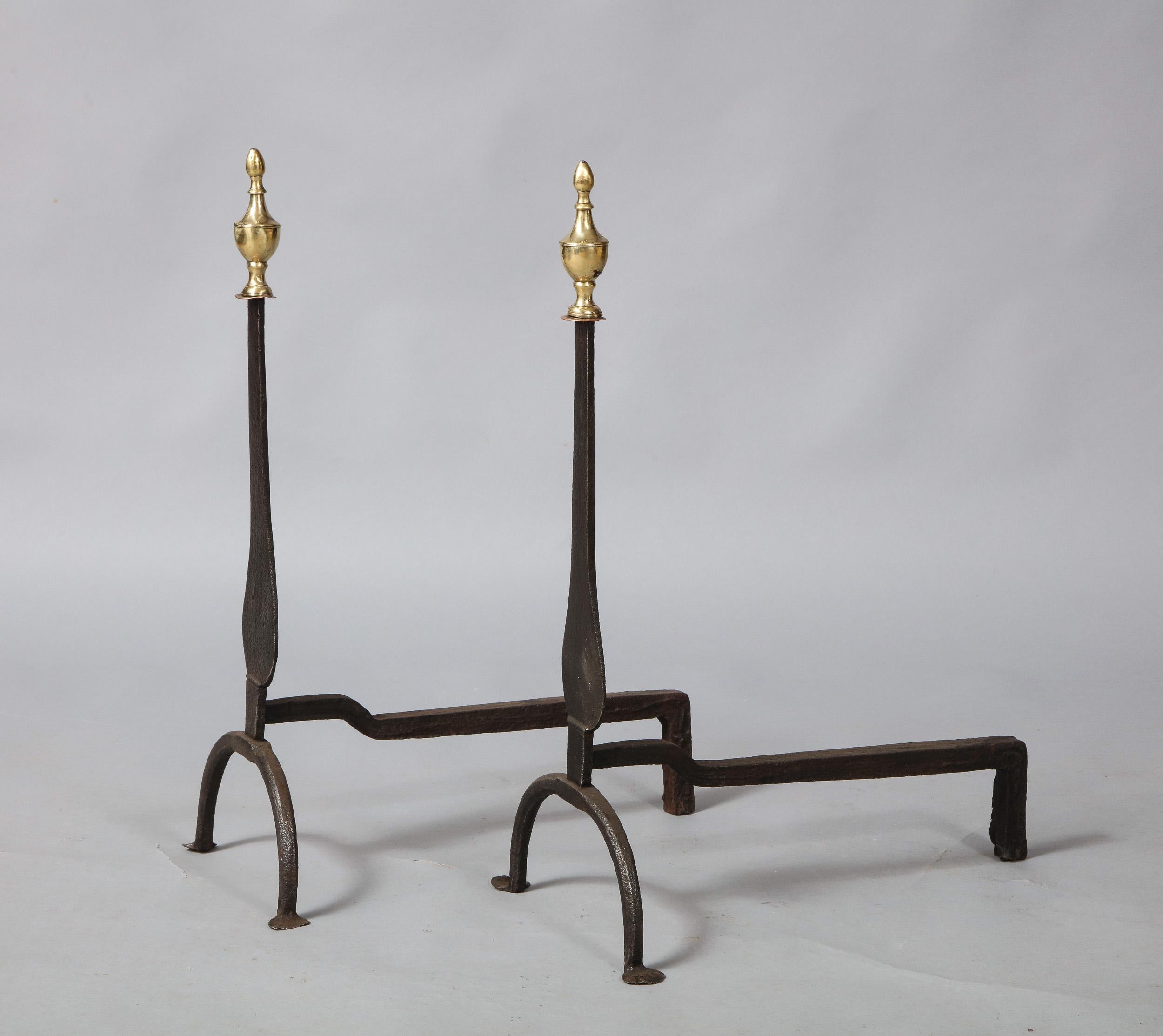 Federal Pair of Neoclassical Brass and Iron Andirons