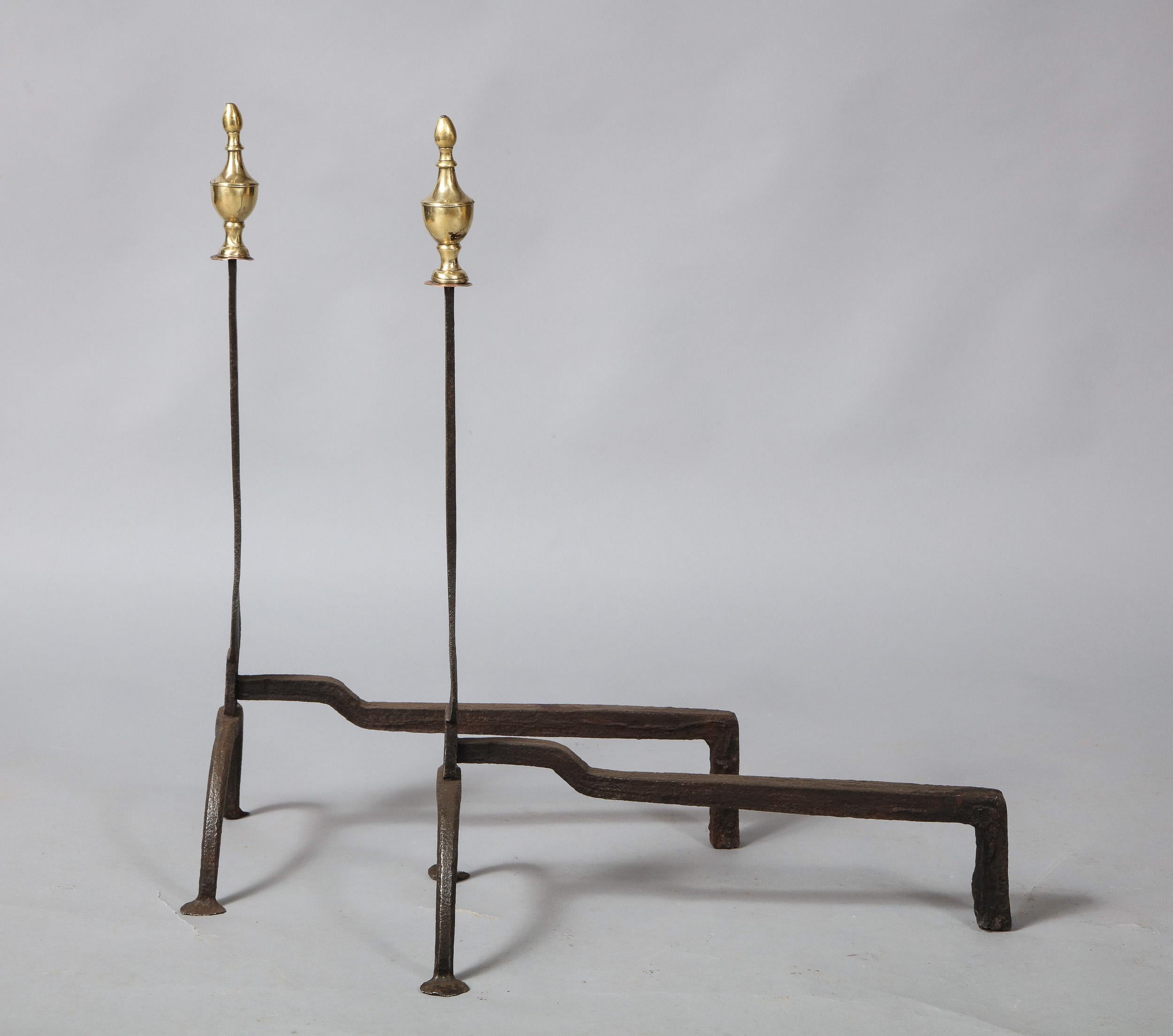 North American Pair of Neoclassical Brass and Iron Andirons
