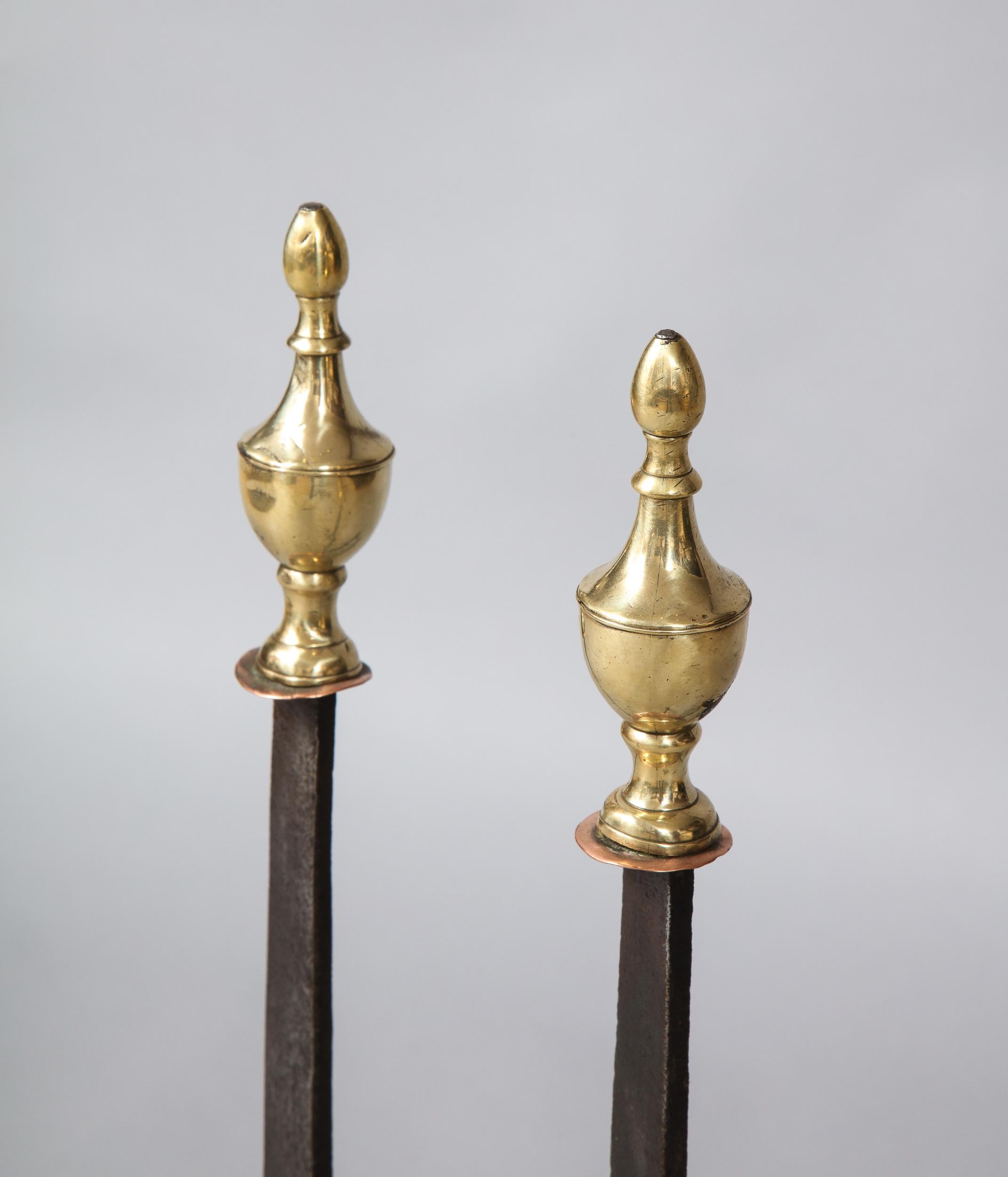 Pair of Neoclassical Brass and Iron Andirons In Good Condition In Greenwich, CT