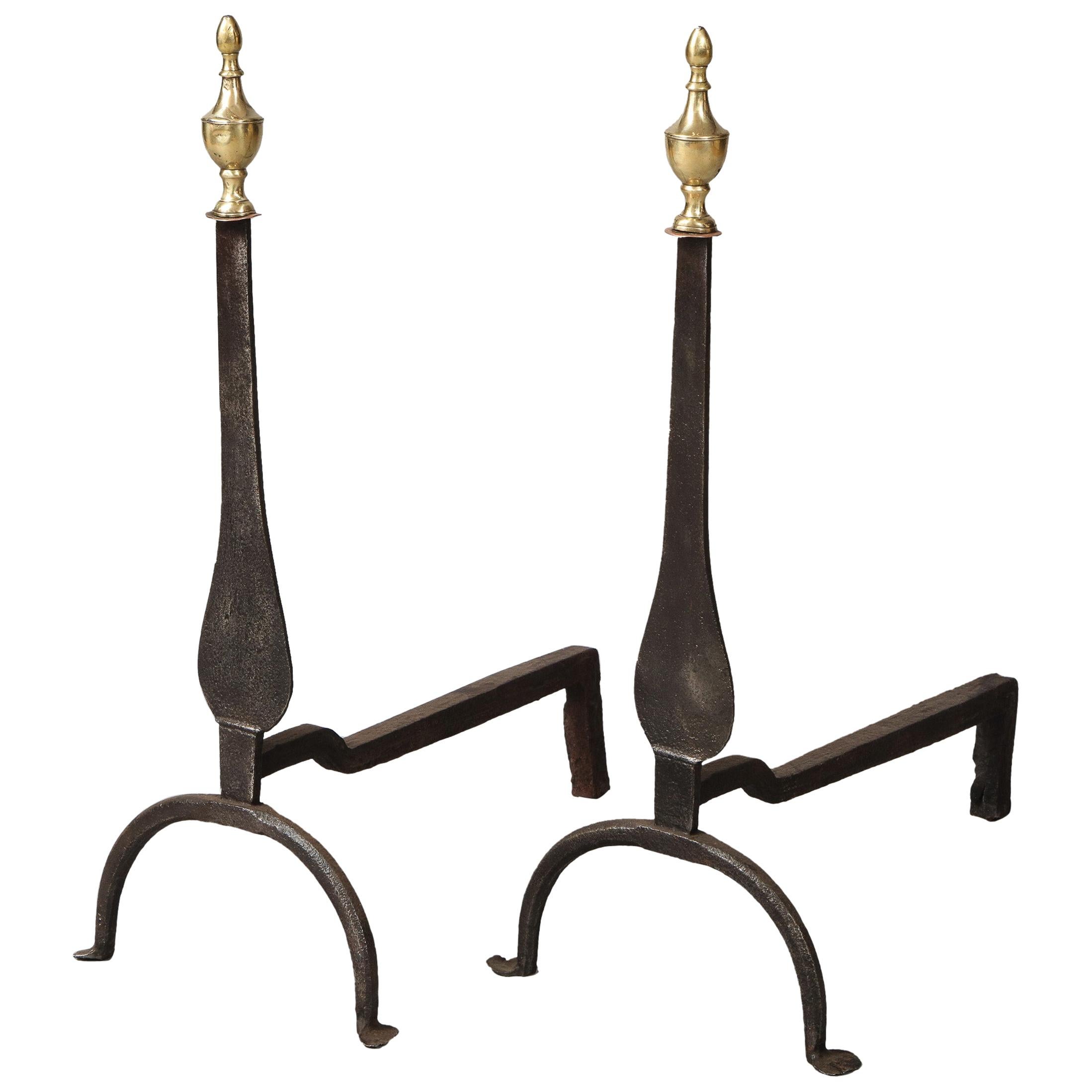 Pair of Neoclassical Brass and Iron Andirons