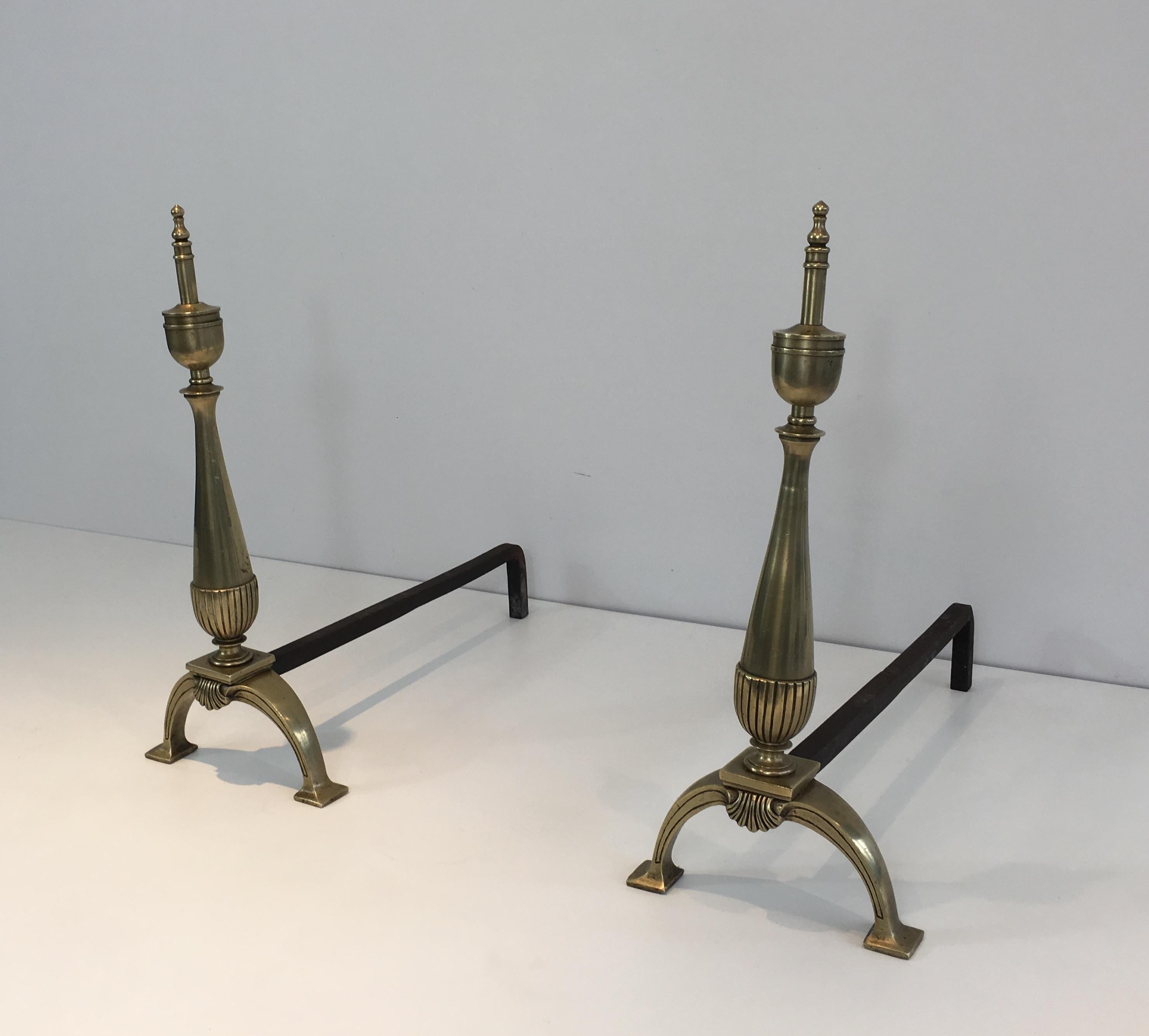 Pair of Neoclassical Brass and Wrought Iron Andirons, French, circa 1940 For Sale 8