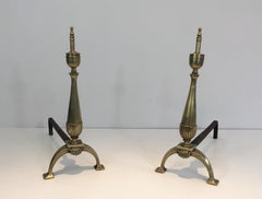 Pair of Neoclassical Brass and Wrought Iron Andirons, French, circa 1940
