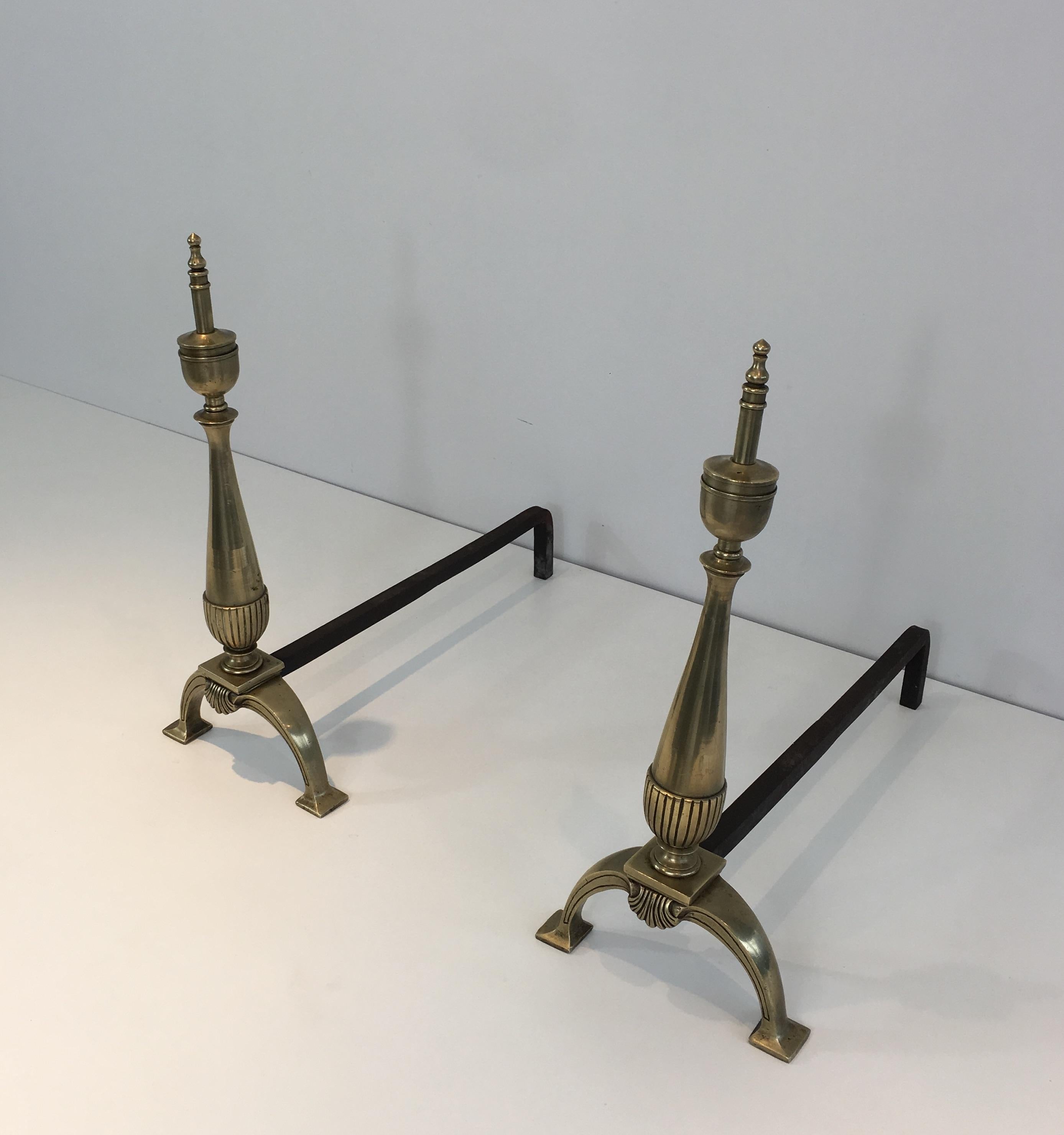 Mid-20th Century Pair of Neoclassical Brass and Wrought Iron Andirons, French, circa 1940 For Sale