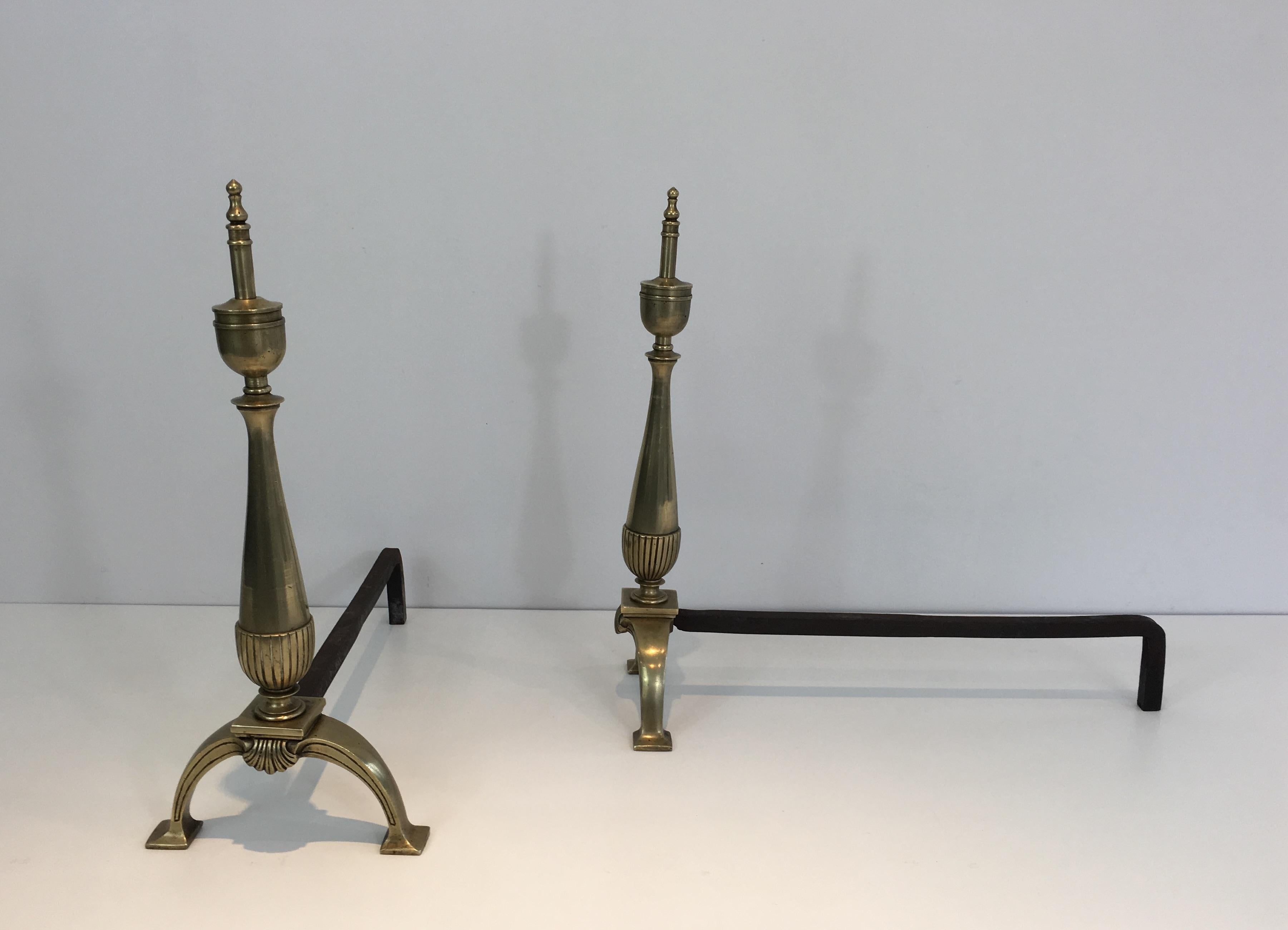 Pair of Neoclassical Brass and Wrought Iron Andirons, French, circa 1940 For Sale 1