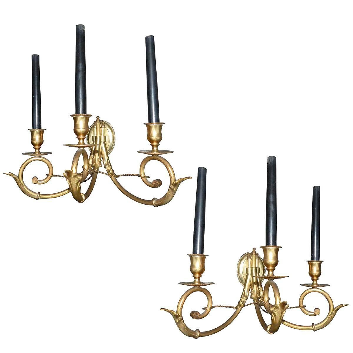 Pair of Neoclassical Brass Sconces, circa 1950 For Sale