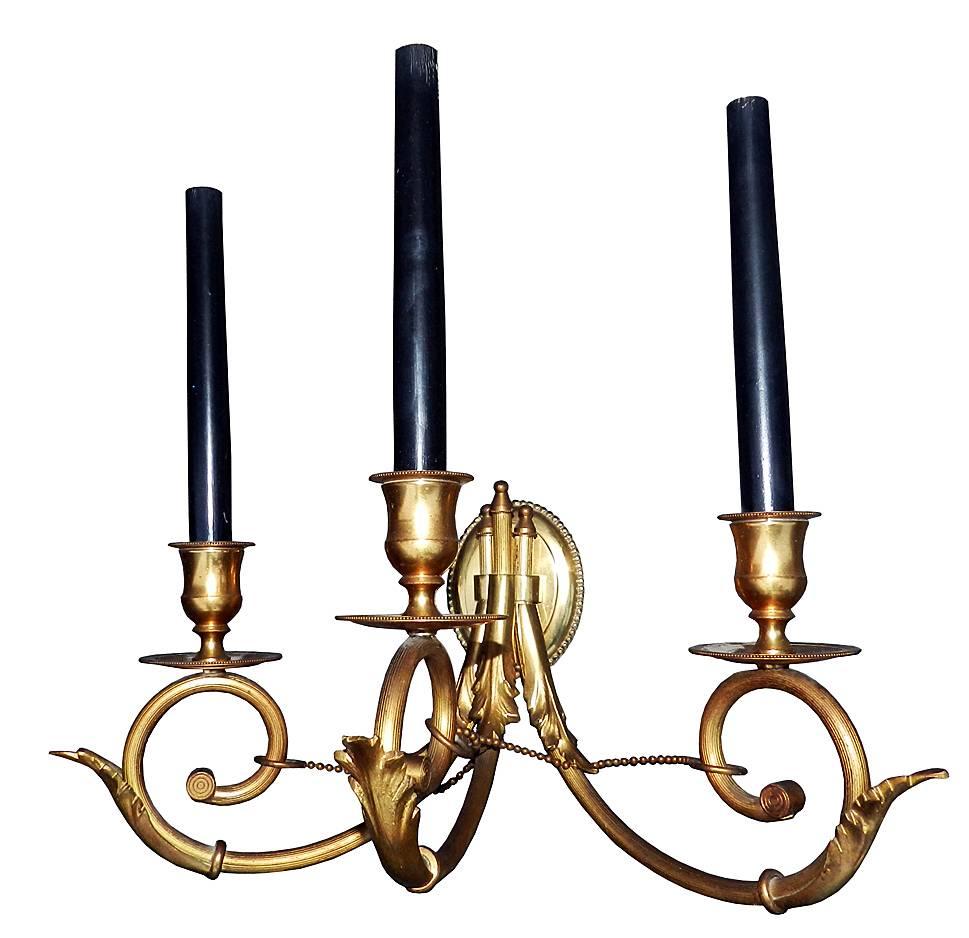 French Pair of Neoclassical Brass Sconces, circa 1950 For Sale