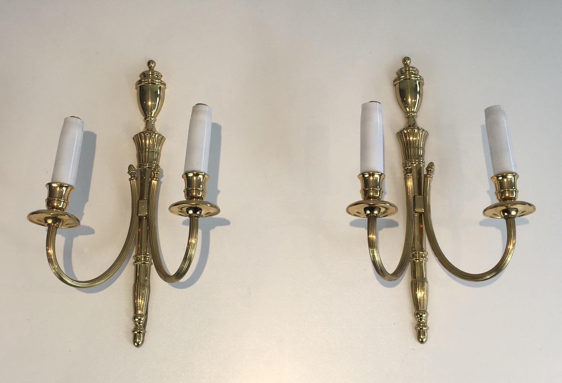 Pair of Neoclassical Brass Sconces, circa 1970 5