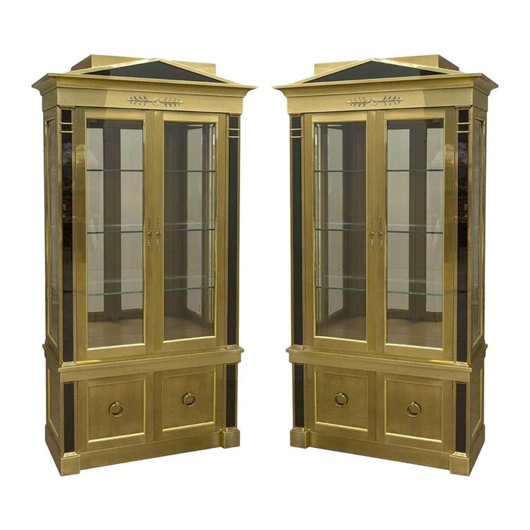 Two Neoclassical Brass Vitrine Cabinets by Mastercraft For Sale