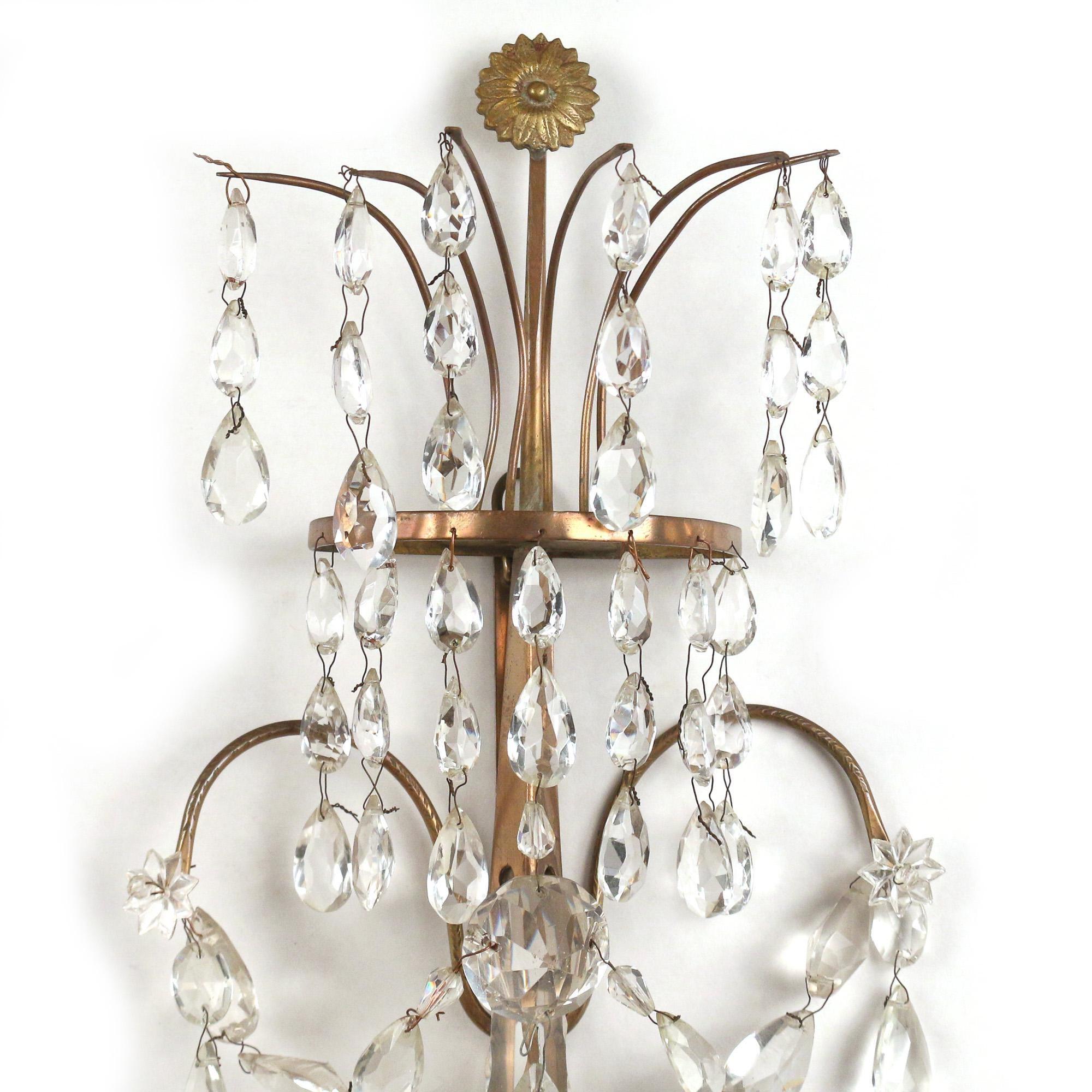 Swedish Pair of Neoclassical Bronze and Crystal Sconces For Sale