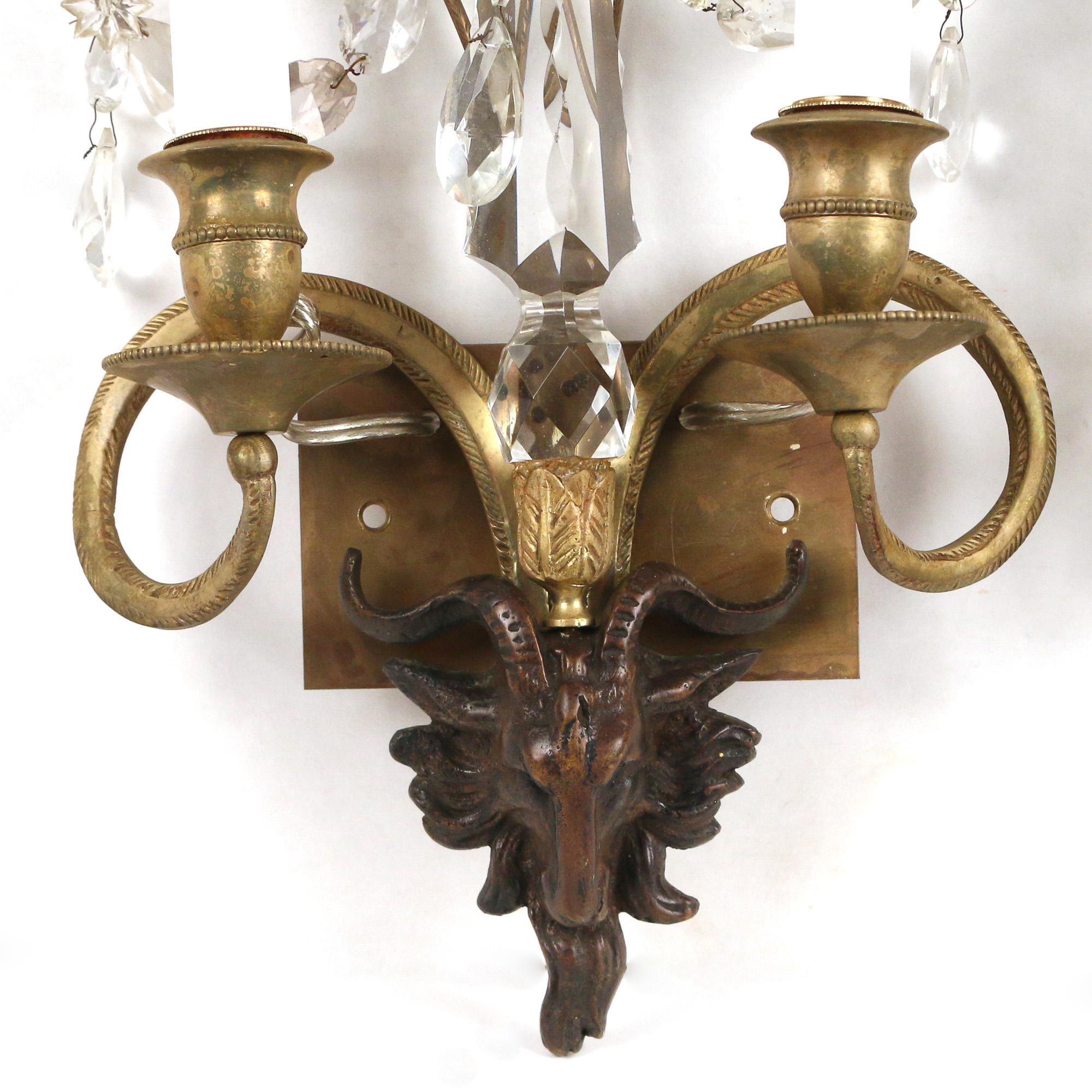 Patinated Pair of Neoclassical Bronze and Crystal Sconces For Sale