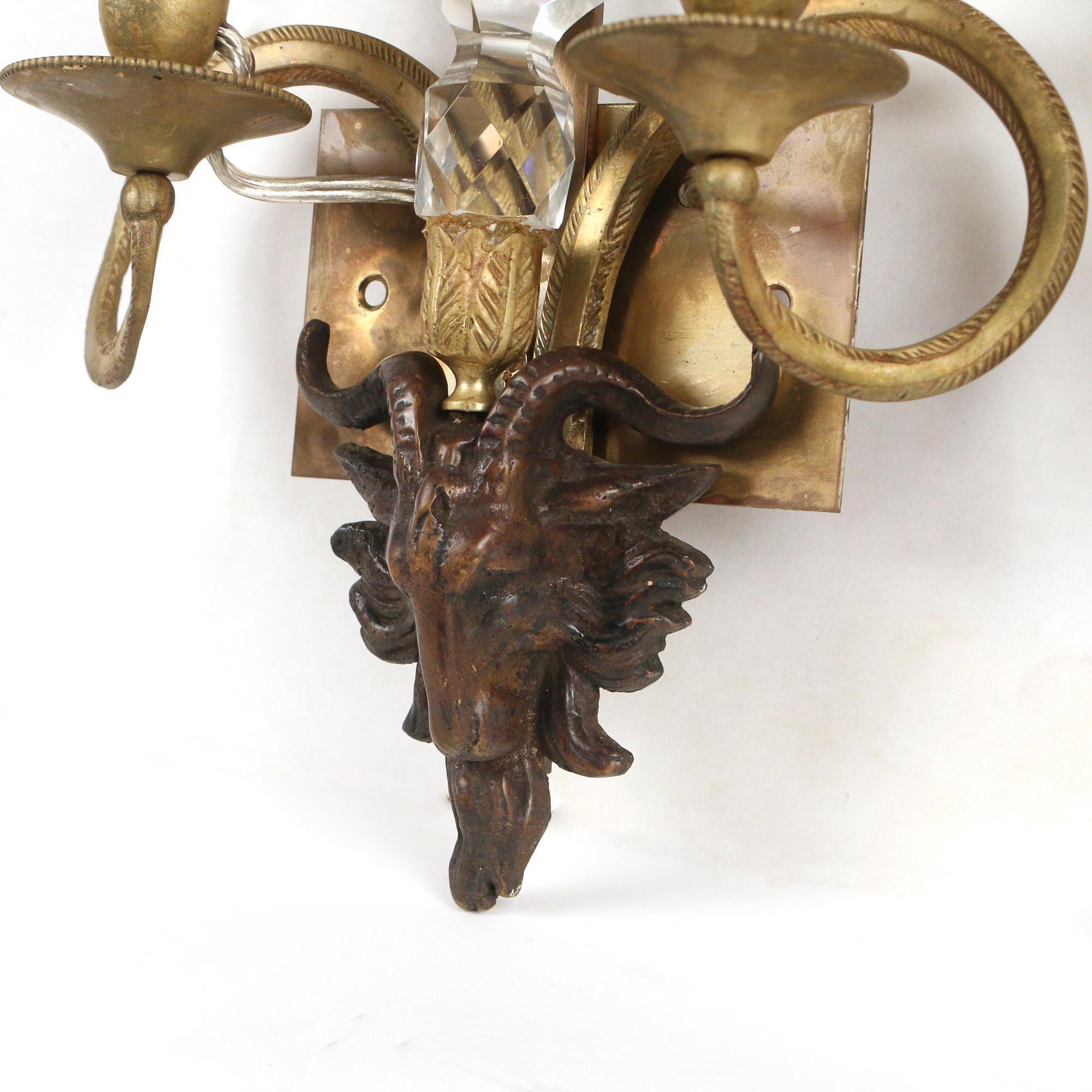 Pair of Neoclassical Bronze and Crystal Sconces For Sale 1