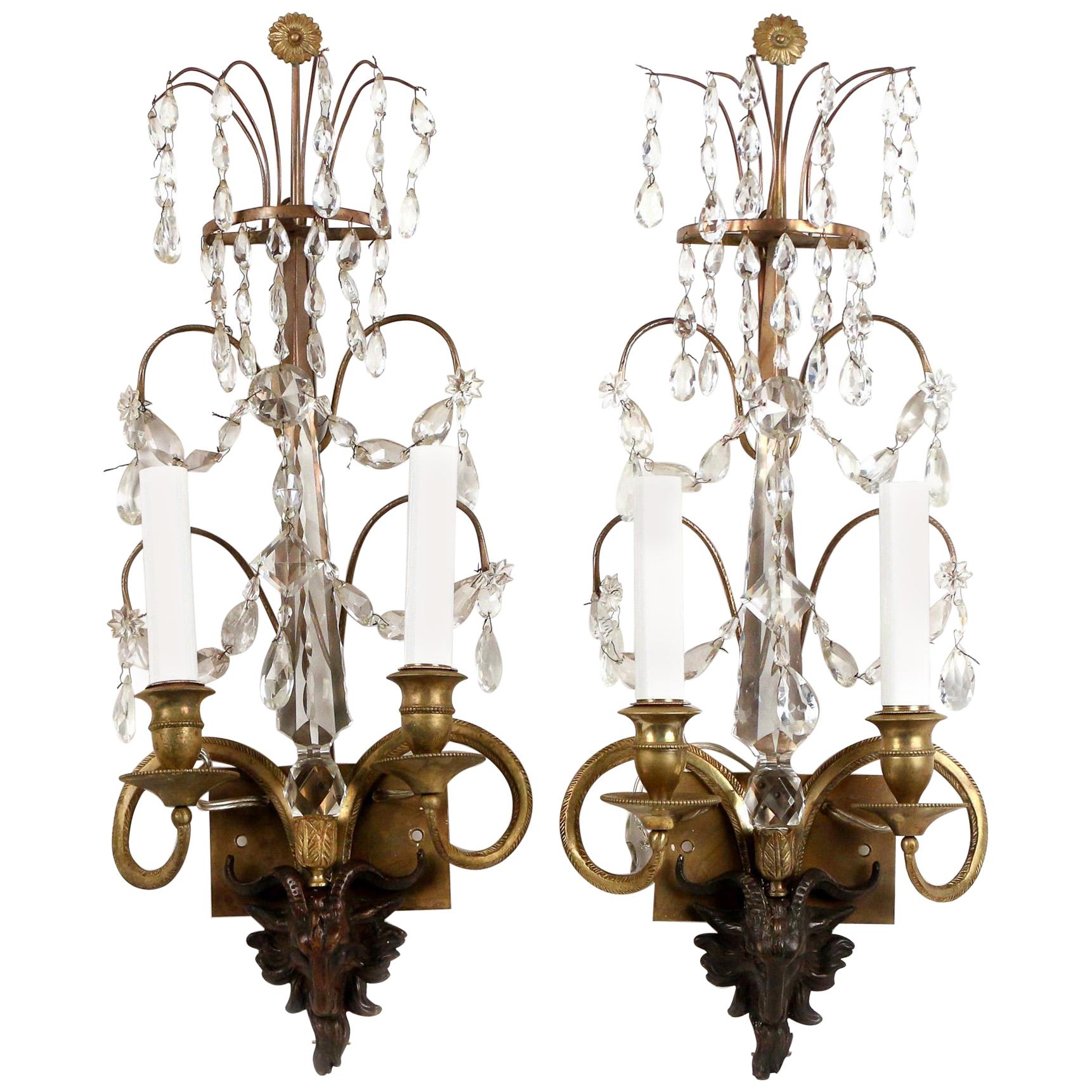 Pair of Neoclassical Bronze and Crystal Sconces