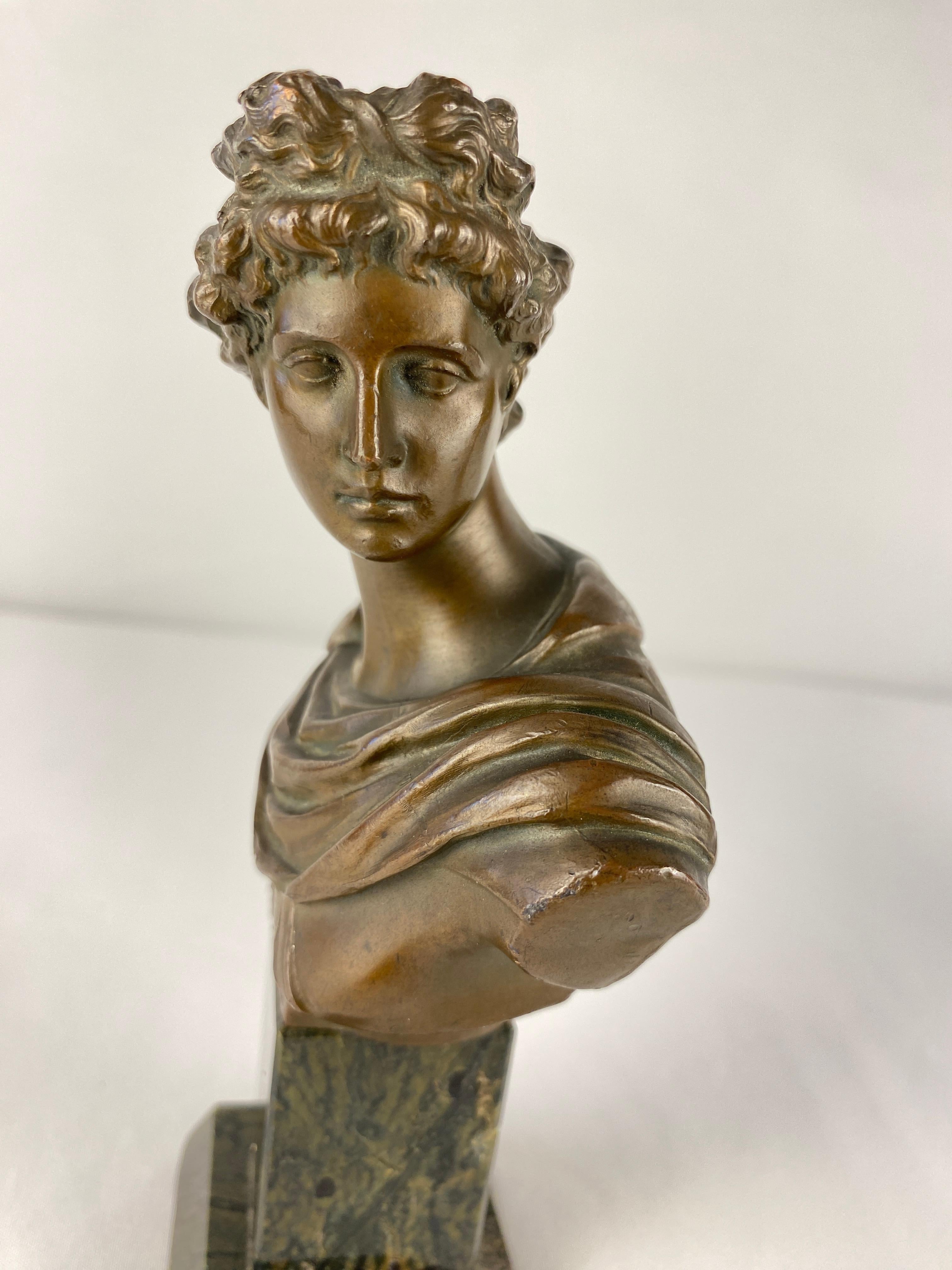 Hand-Crafted Pair of Neoclassical Bronze Busts Apollo and Diana Mounted on Black Marble For Sale