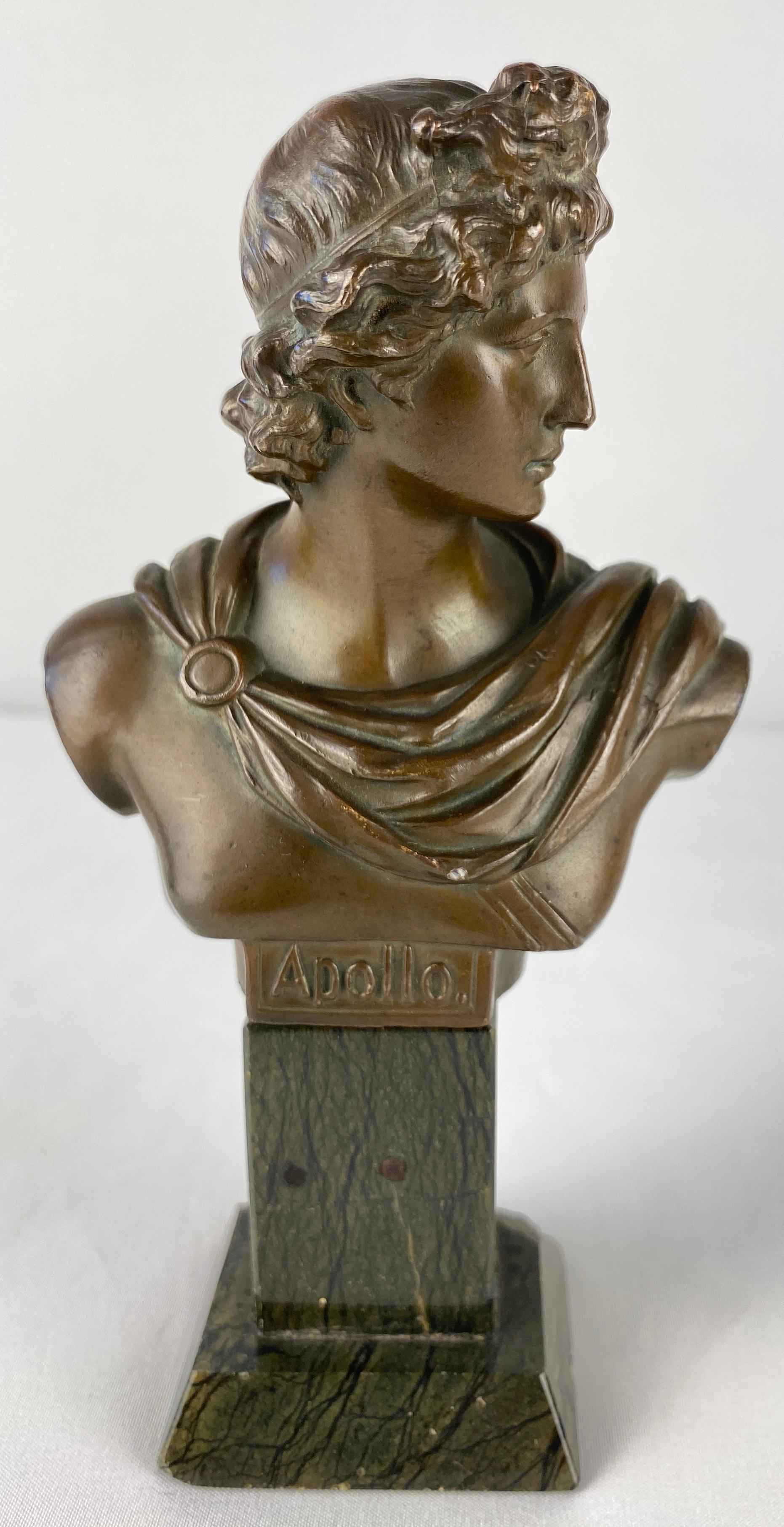 19th Century Pair of Neoclassical Bronze Busts Apollo and Diana Mounted on Black Marble For Sale