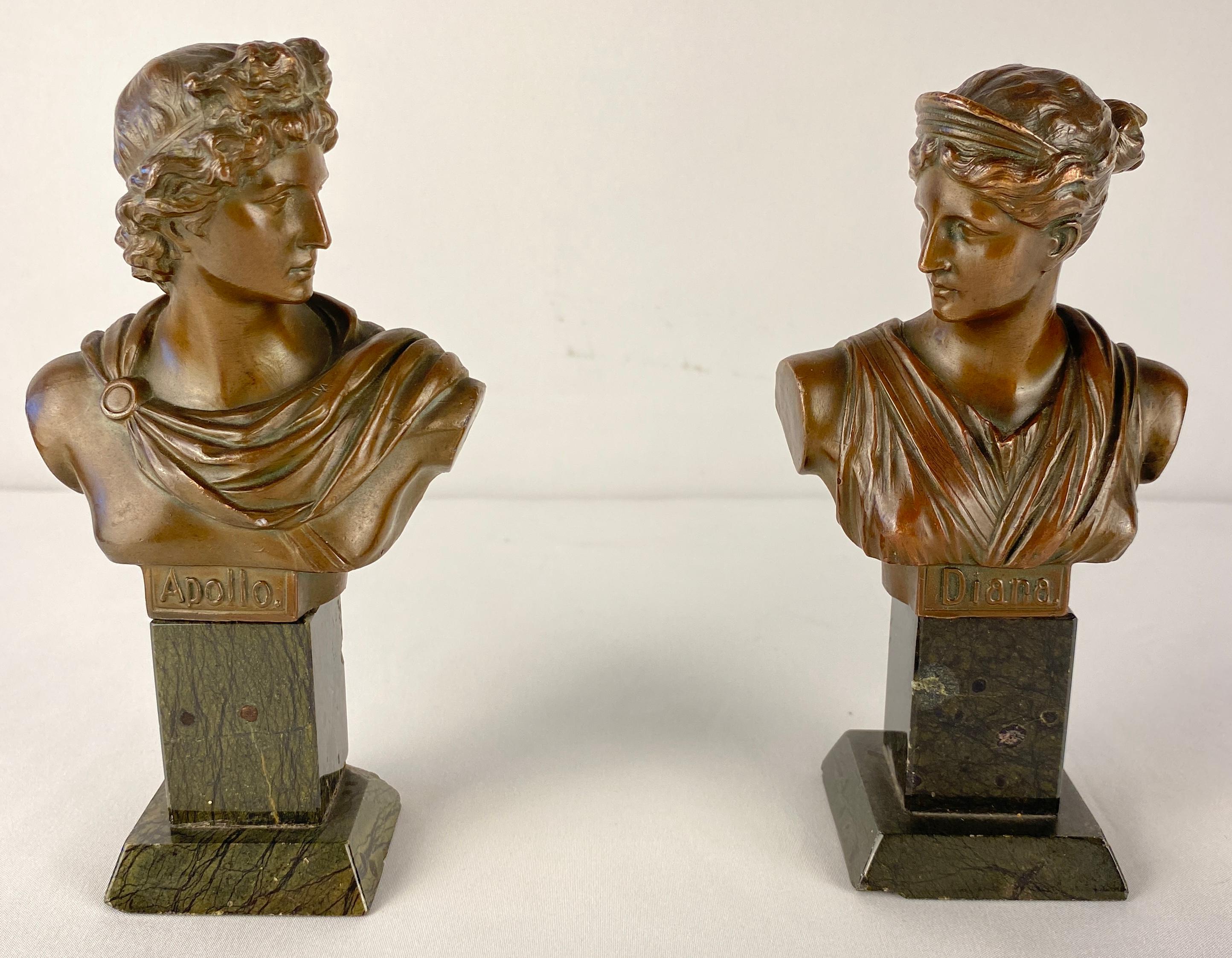 Pair of Neoclassical Bronze Busts Apollo and Diana Mounted on Black Marble For Sale 1