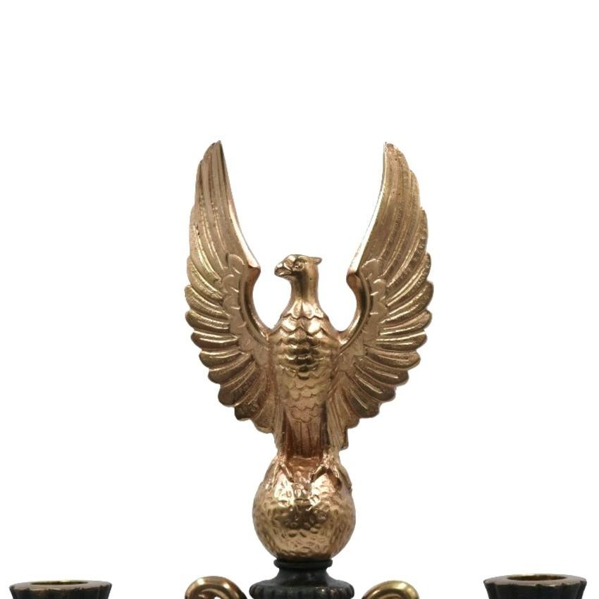 Bronze Pair of neoclassical bronze candelabra with eagle For Sale