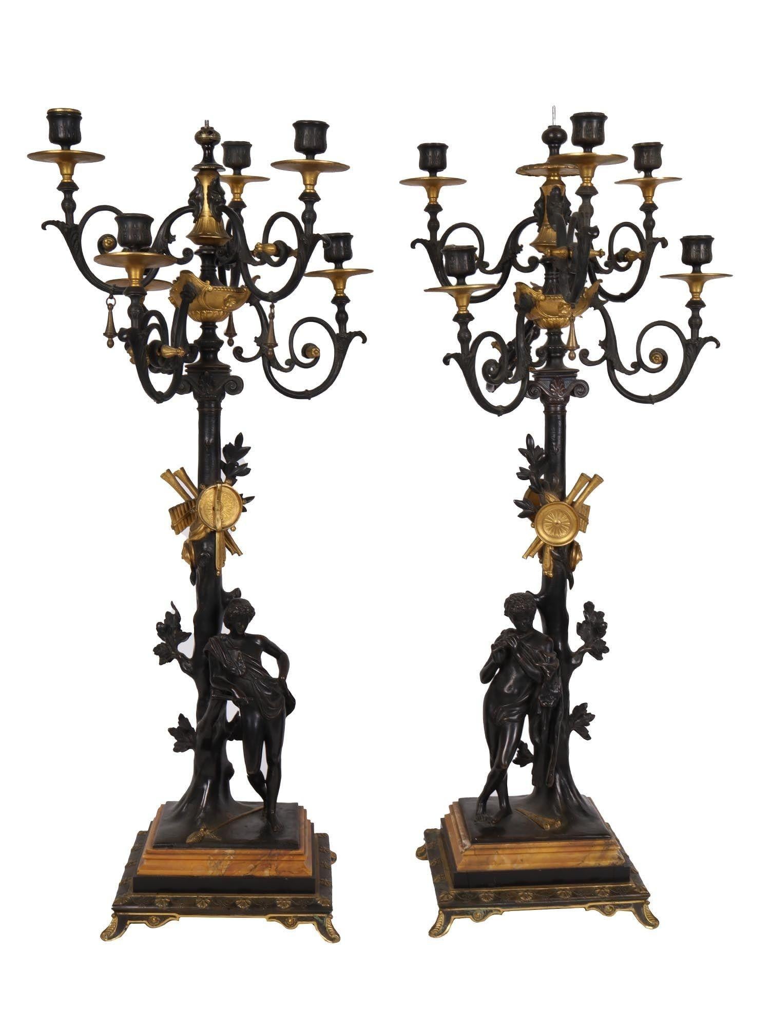 Pair of very fine quality  19 century French Grand Tour two-tone bronze neoclassical figural candelabra on Italian Siena marble bases.