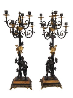 Pair Greek Roman Neoclassical Patinated and Gilt Bronze Figural Candelabra