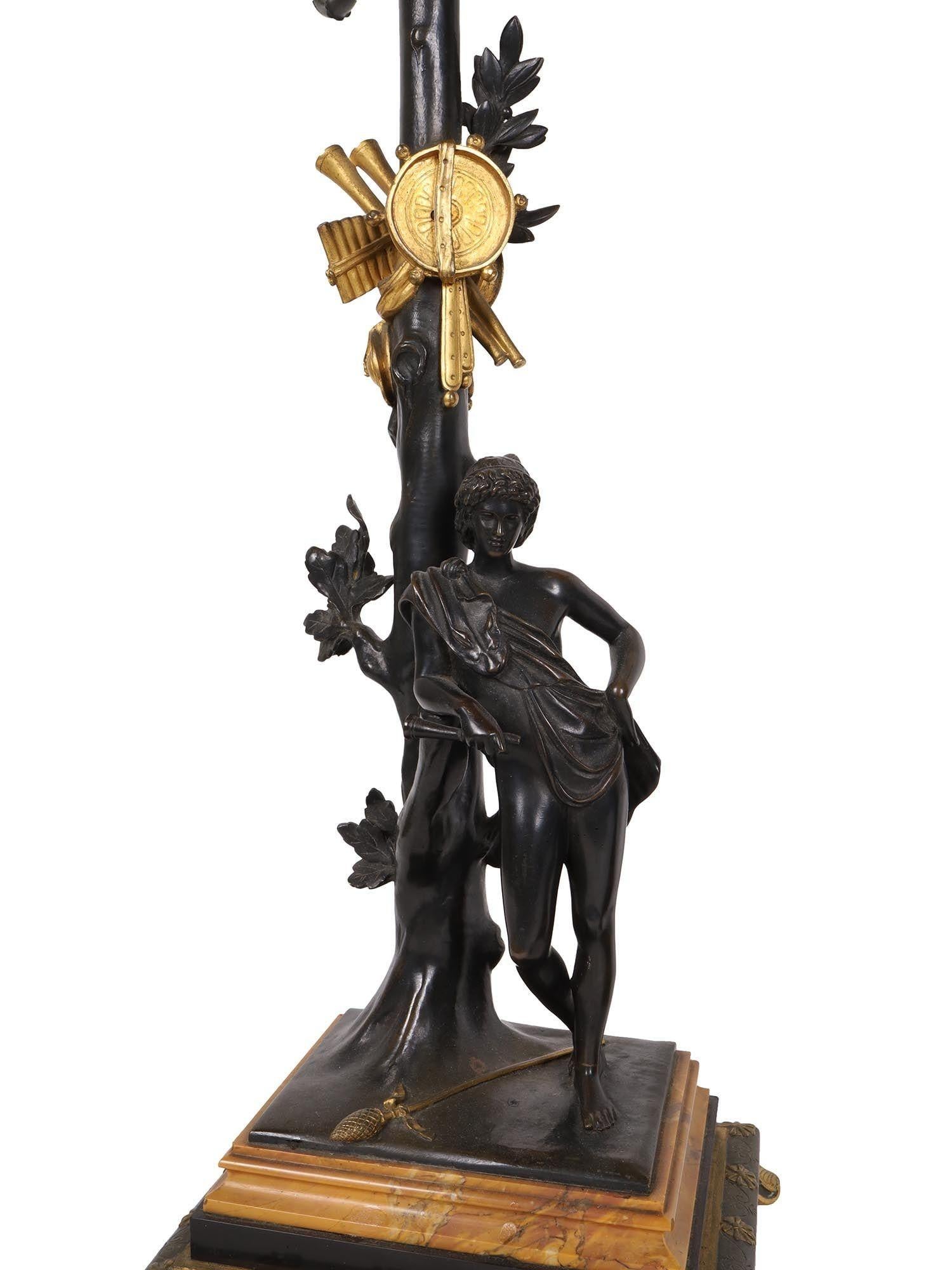 French Pair of Neoclassical Bronze Two-Tone Figural Candelabra For Sale