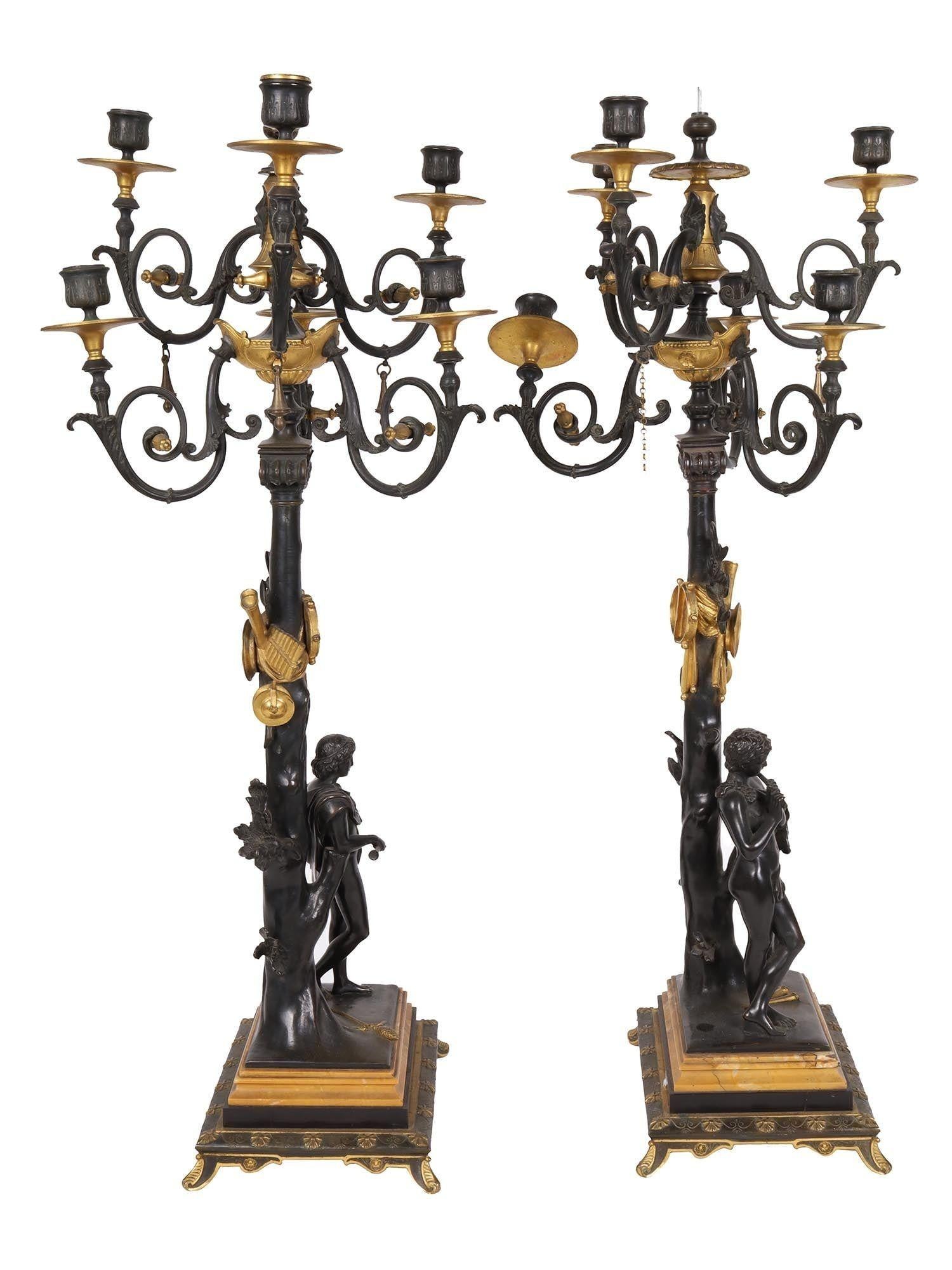 Cast Pair of Neoclassical Bronze Two-Tone Figural Candelabra For Sale