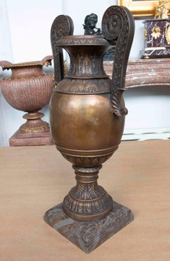 Pair of Neoclassical Bronze Vases with Ornamental Handles and Marble Base