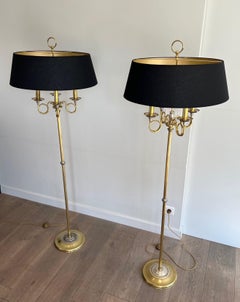 Pair of Neoclassical Brushed Steel & Brass Floor Lamp In the Style of M. Charles