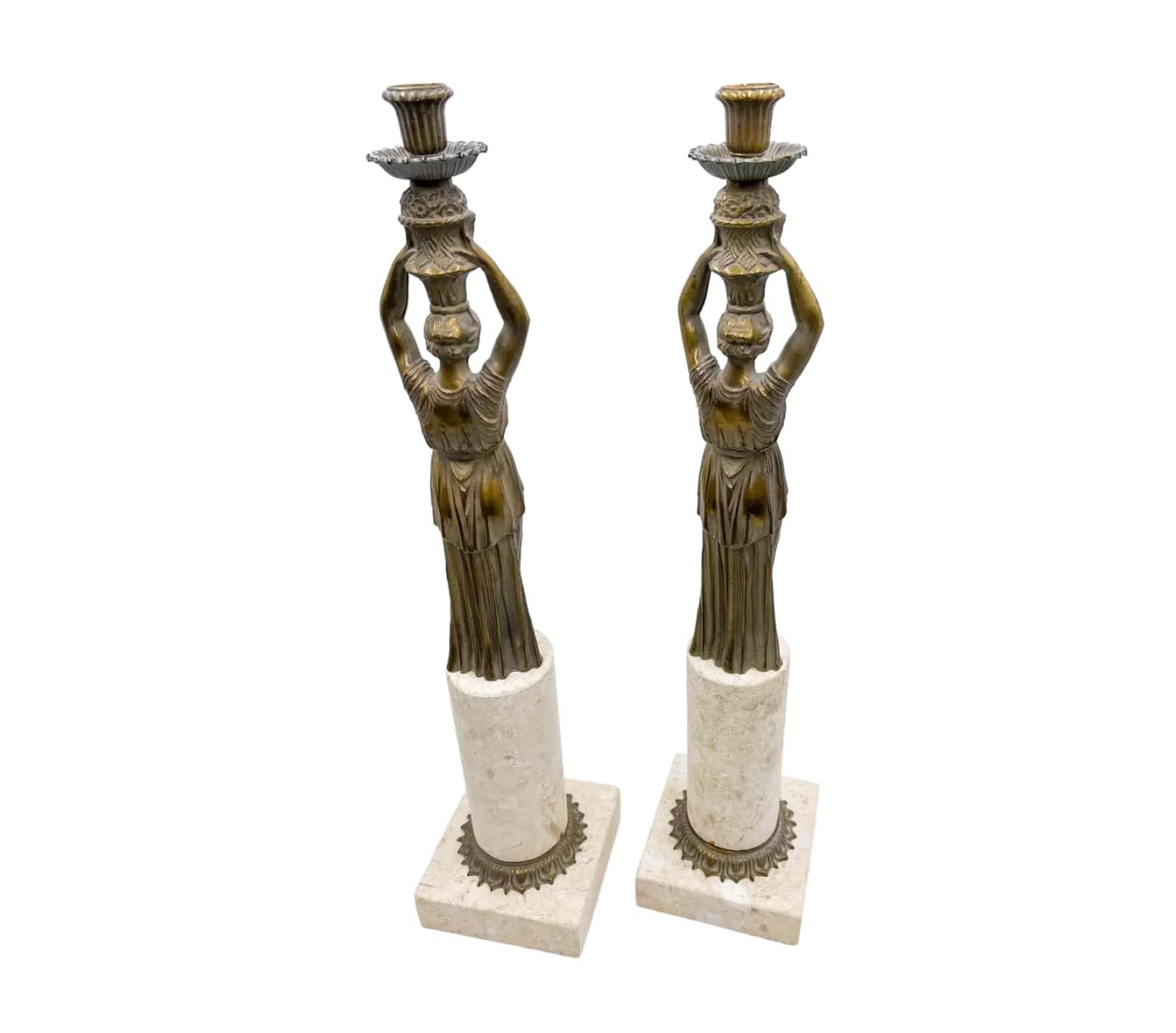 Brass Pair of Neoclassical Candleholders For Sale