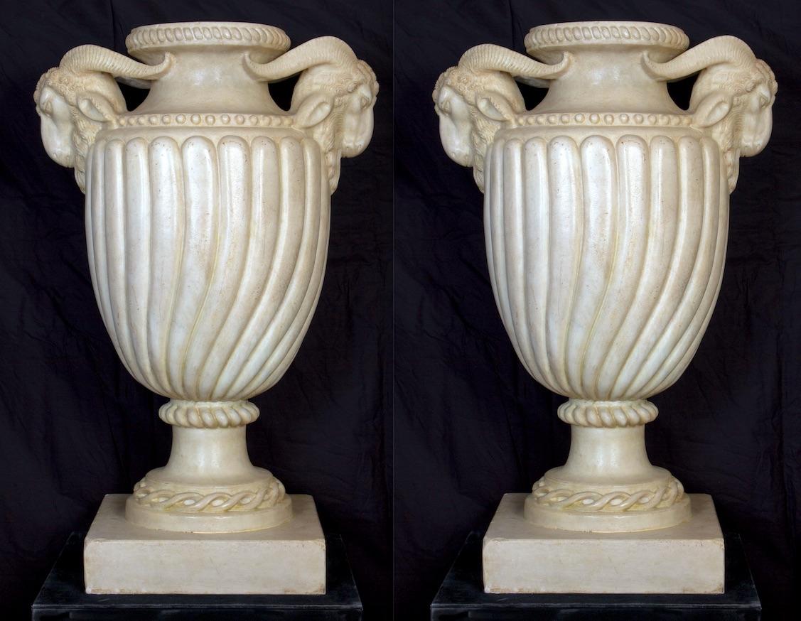 Pair of Neoclassical Carrara White Marble Vases or Urns 6