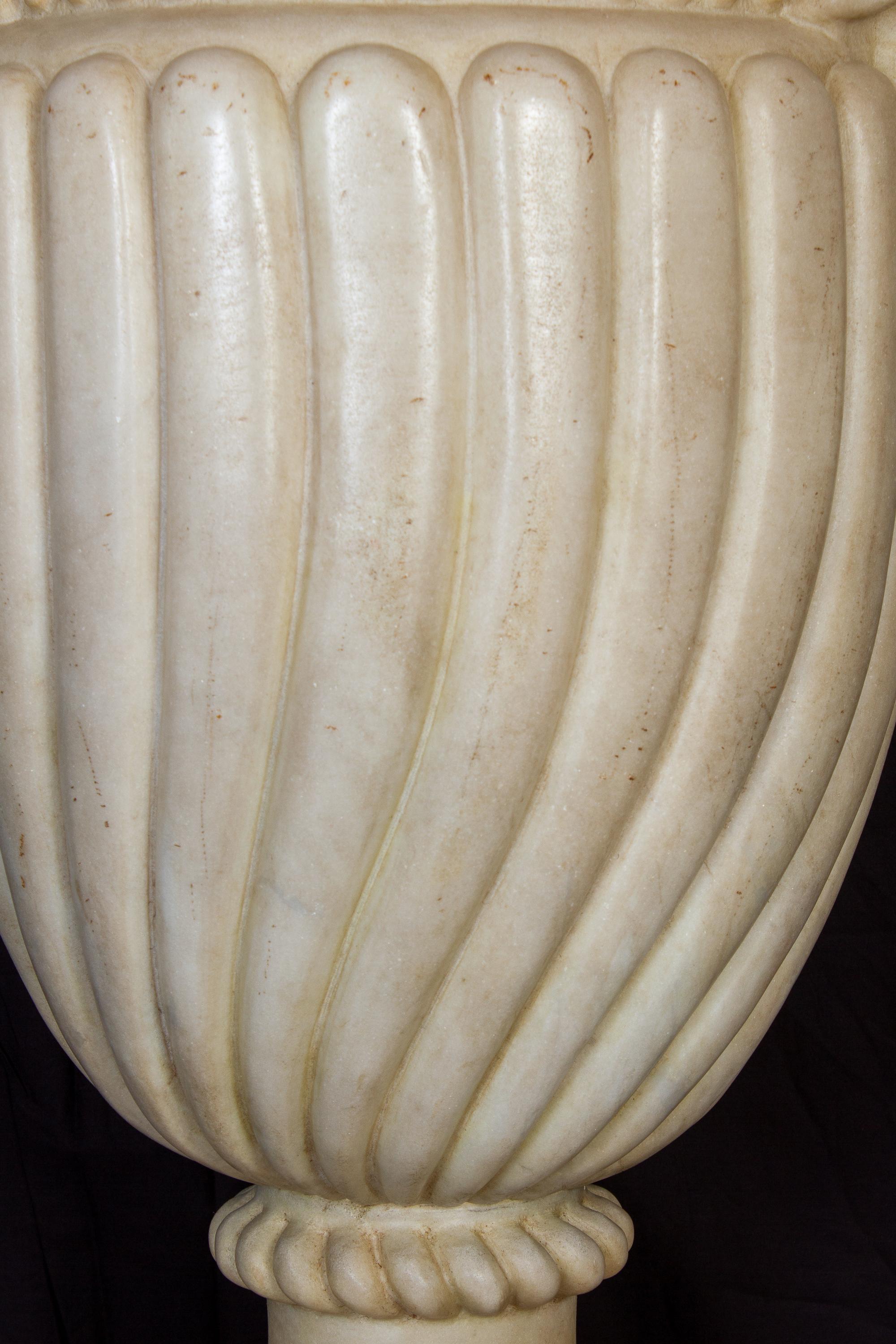Italian Pair of Neoclassical Carrara White Marble Vases or Urns