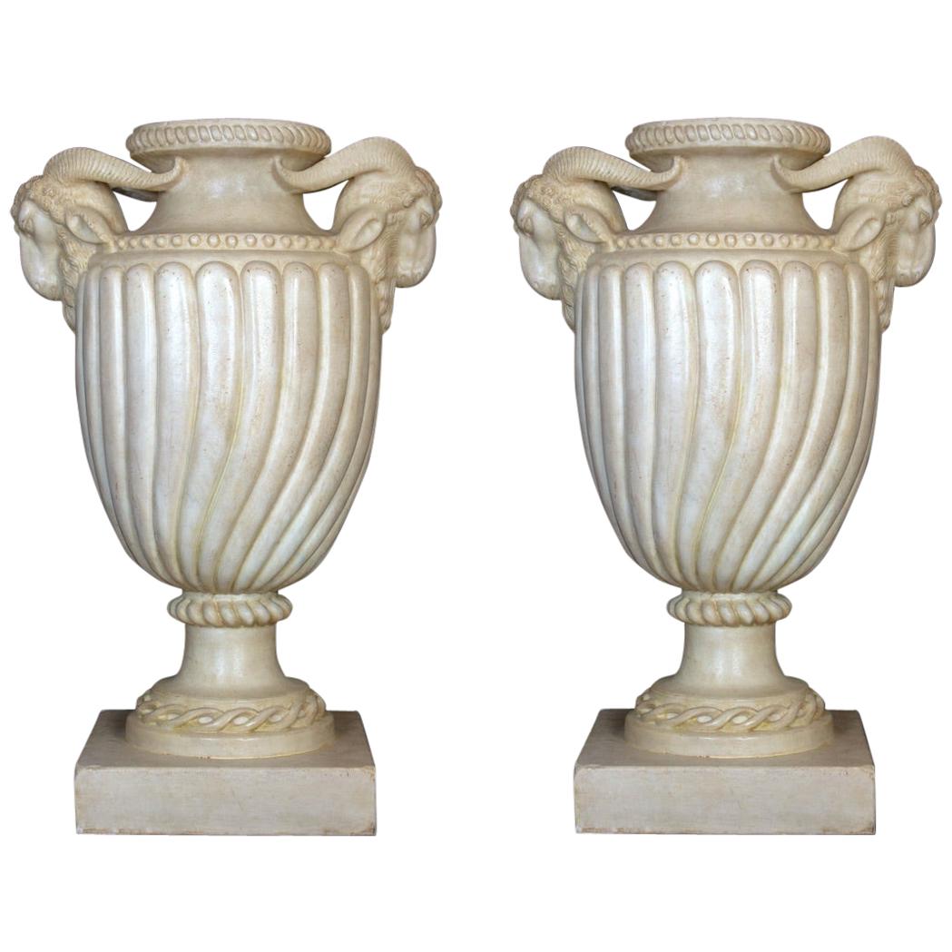 Pair of Neoclassical Carrara White Marble Vases or Urns