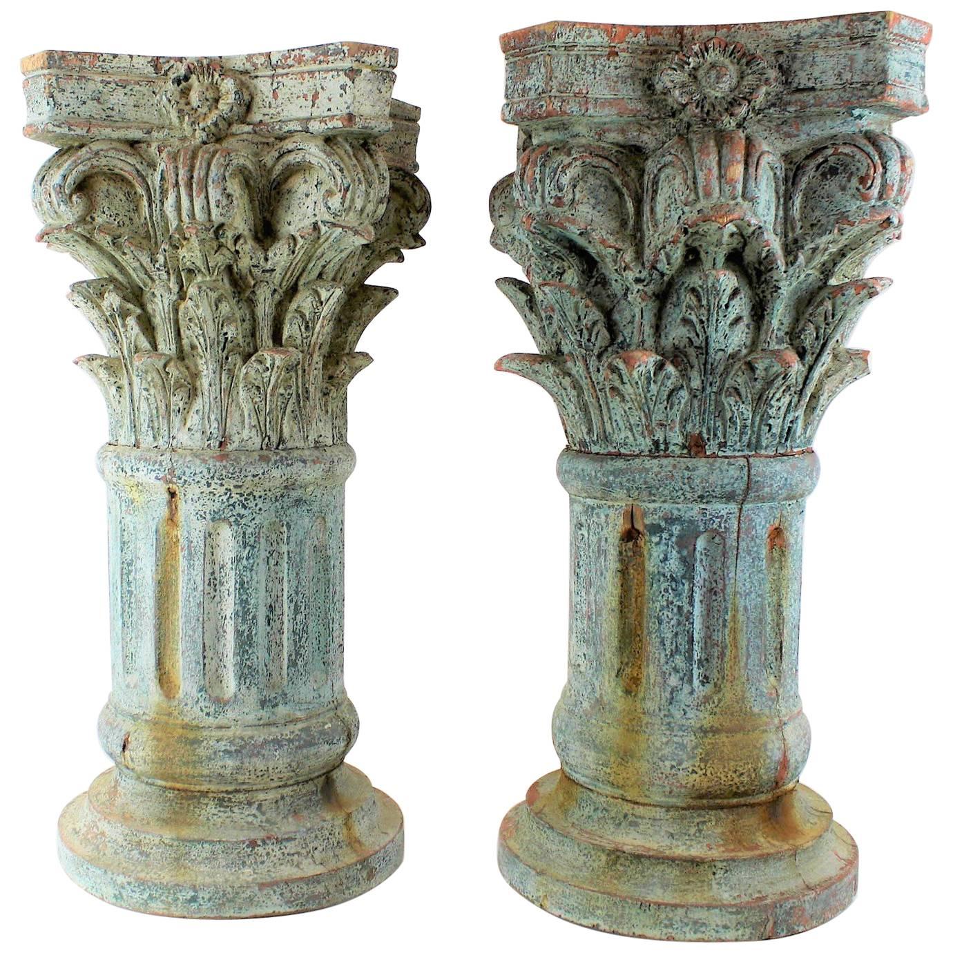 Pair of Neoclassical Carved Columns in Solid Wood