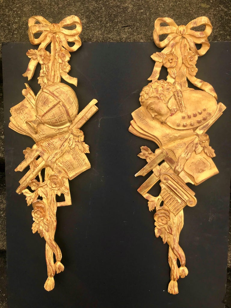 Tall Pair of Neoclassical Carved Giltwood Wall Trophies or Appliques