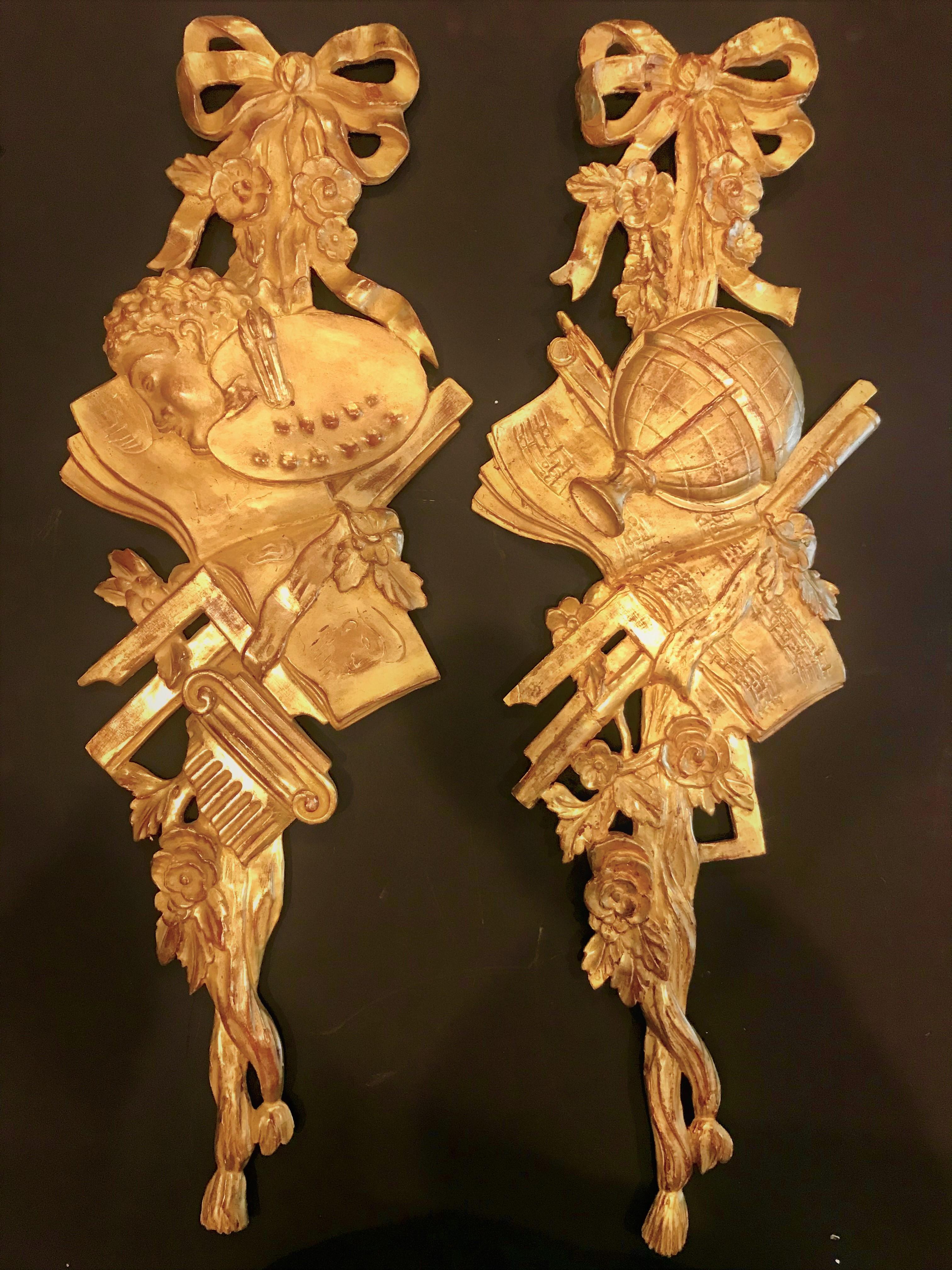 Tall Pair of Neoclassical Carved Giltwood Wall Trophies or Appliques For Sale 6