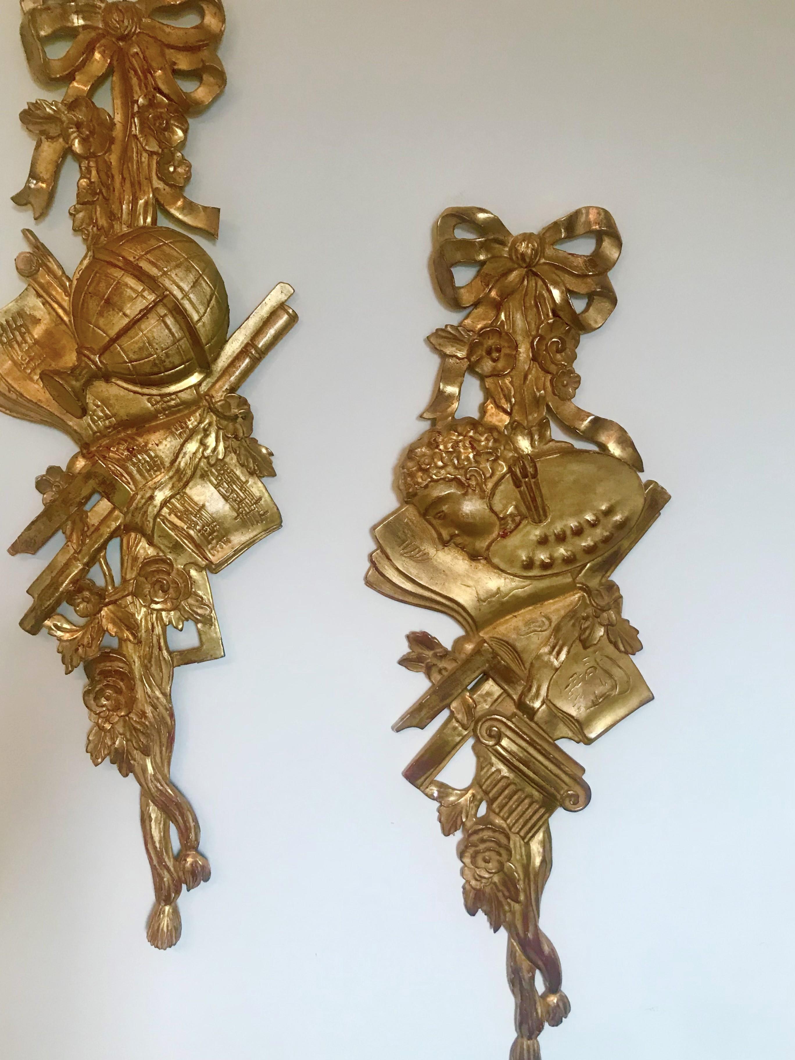 Wood Tall Pair of Neoclassical Carved Giltwood Wall Trophies or Appliques For Sale