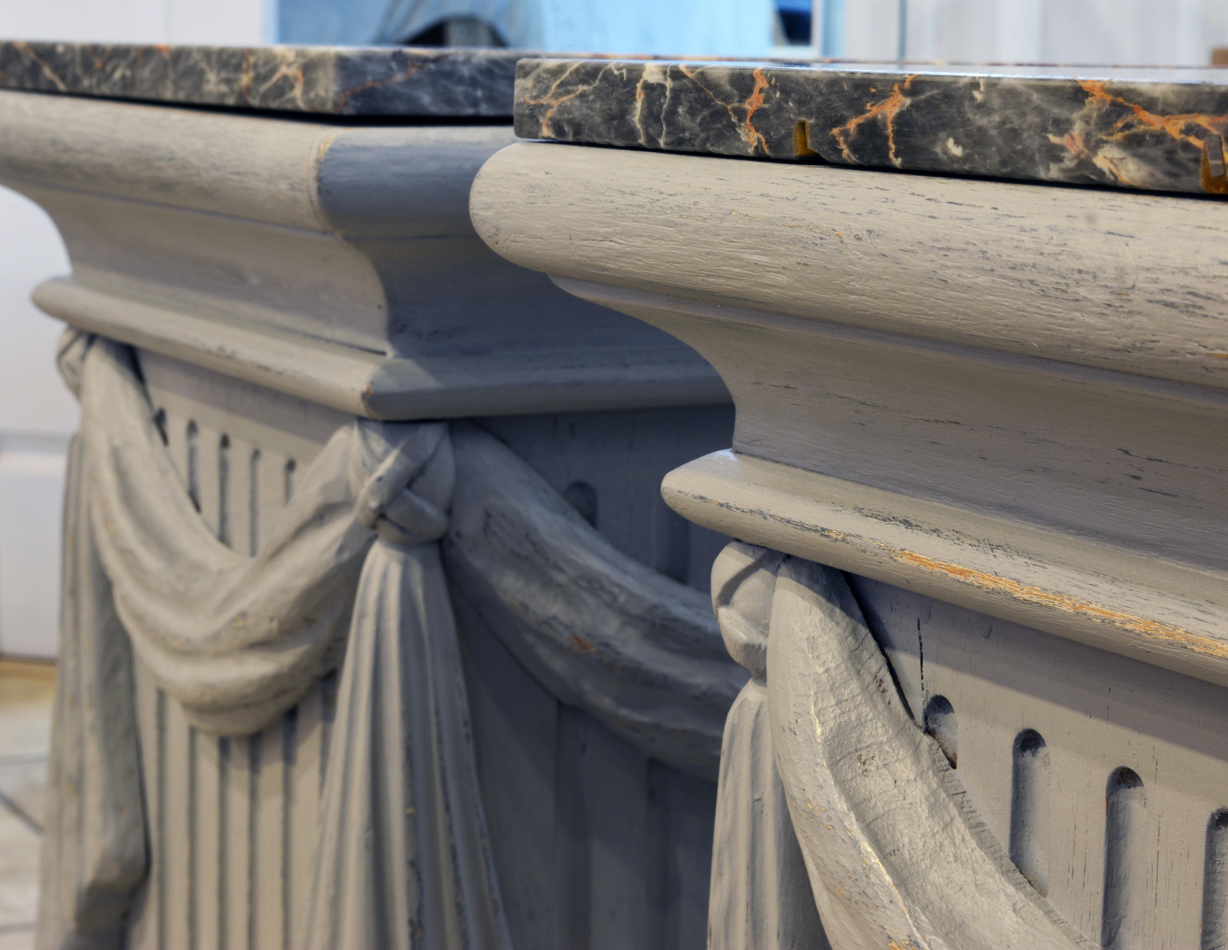 Pair of Neoclassical Carved Gray Painted Gustavian Style Marble Top Pedestals 9