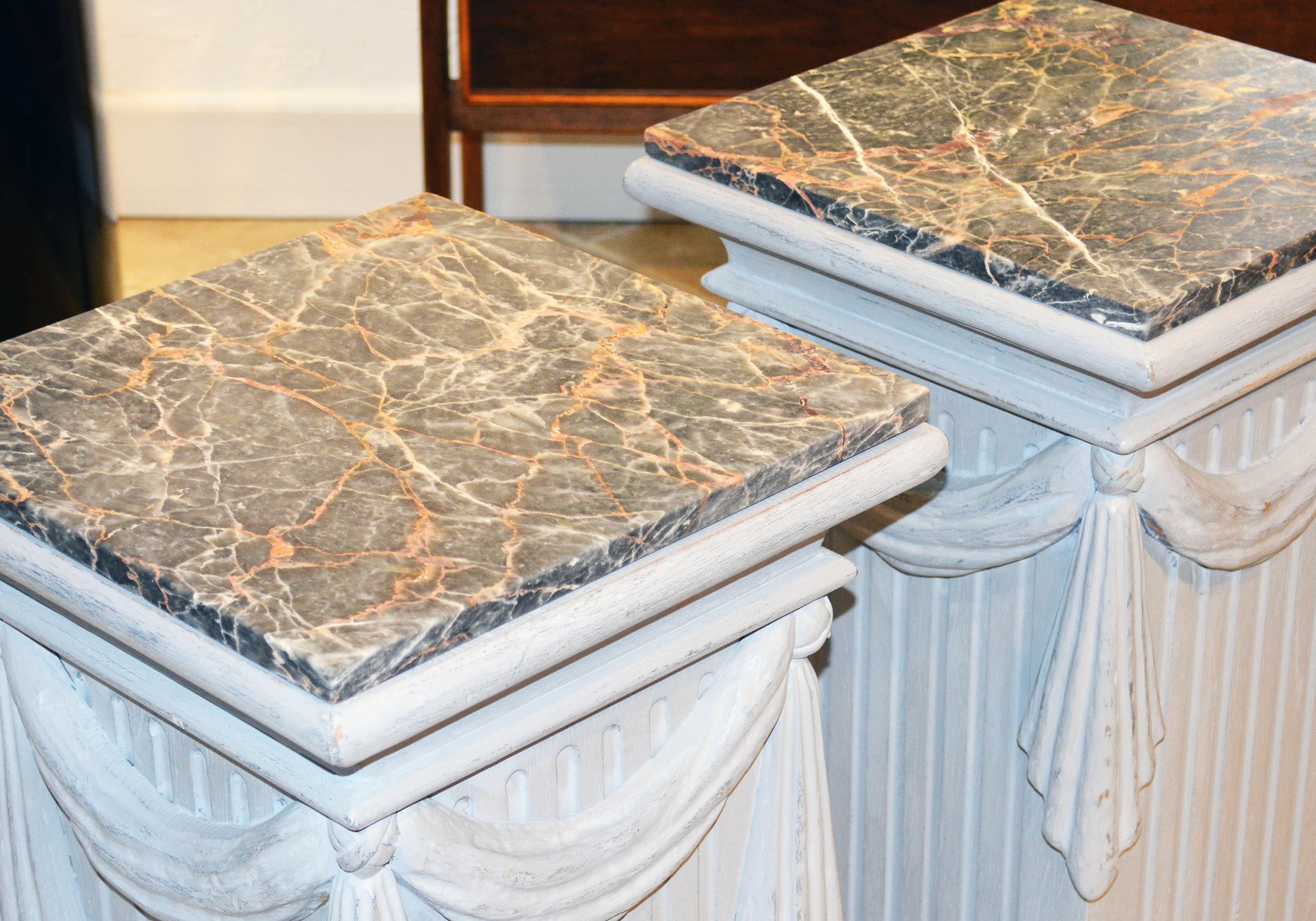 Pair of Neoclassical Carved Gray Painted Gustavian Style Marble Top Pedestals 10