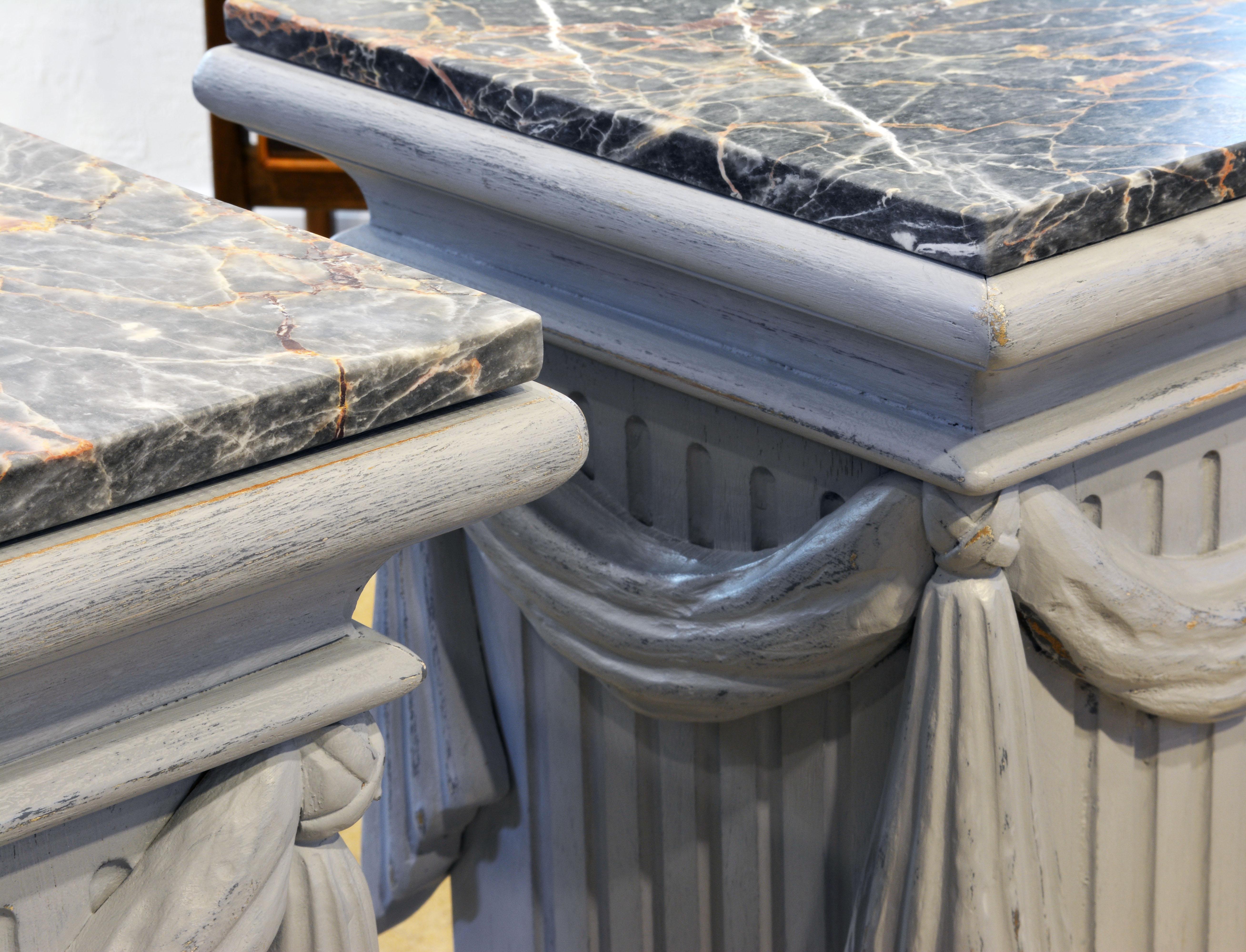 American Pair of Neoclassical Carved Gray Painted Gustavian Style Marble Top Pedestals