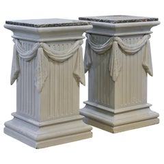Pair of Neoclassical Carved Gray Painted Gustavian Style Marble Top Pedestals
