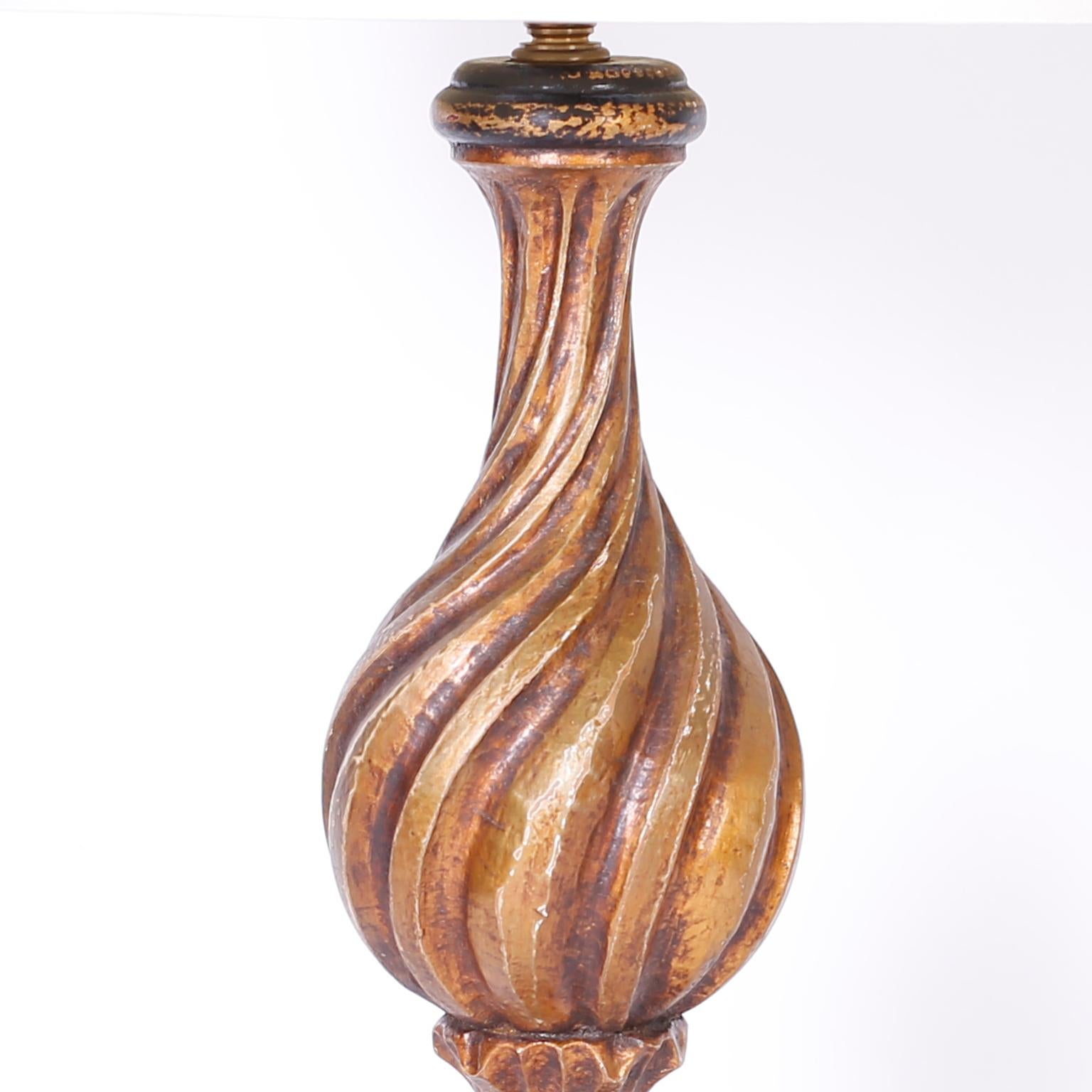 Pair of Neoclassical Carved Wood Table Lamps In Good Condition In Palm Beach, FL