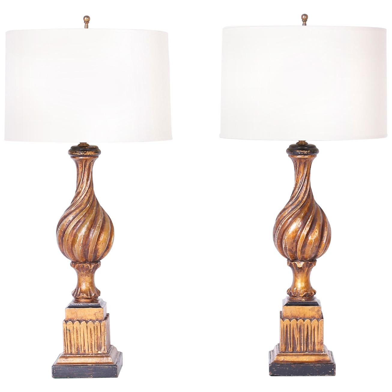 Pair of Neoclassical Carved Wood Table Lamps