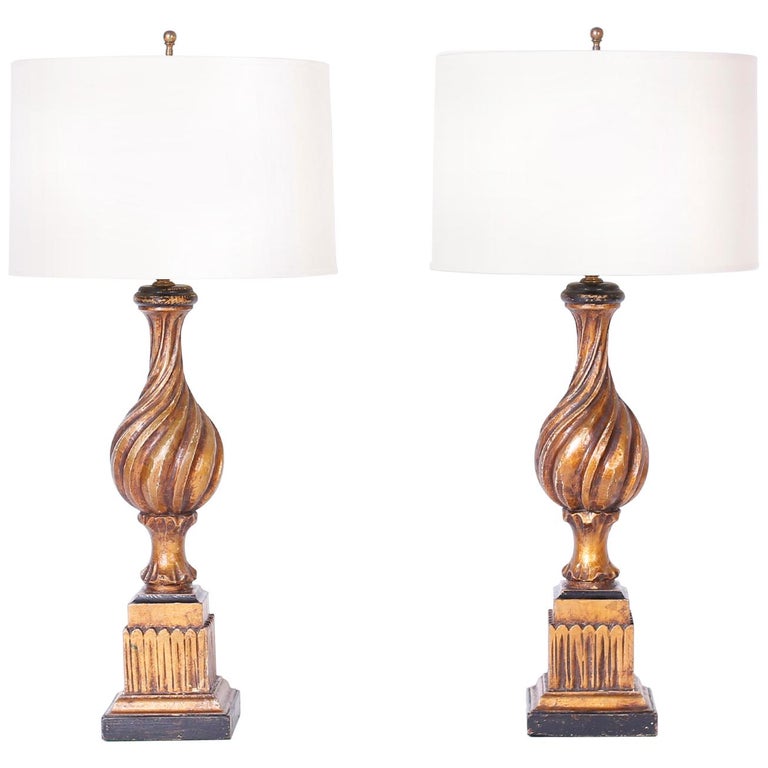 Neoclassical Carved Wood Table Lamps, Vintage Wooden Carved Table Lamps
