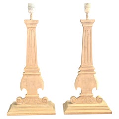 Pair of Neoclassical Carved Wood Table Lamps with Architectural Columns