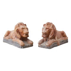 Pair of Neoclassical Cast Stone Recumbent Lion Sculptures