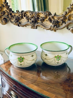 Pair of Neoclassical Ceramic Cache-Pots with Green and Gilt Decoration