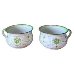 Pair of Neoclassical Ceramic Cache-Pots with Green and Gilt Decoration